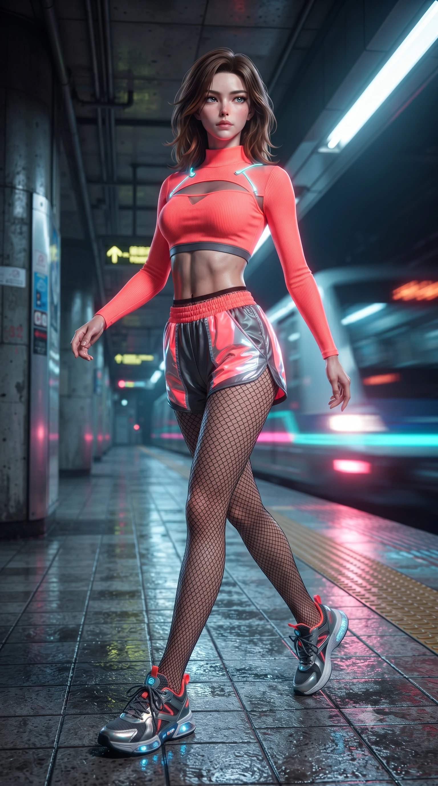 score_9, masterpiece, best quality, ultra-detailed, high-budget anime keyframe, editorial fashion photography, tasteful artistic composition, Korean woman. low angle full-body shot from head to toe showing her feet, filling the entire 9:16 vertical frame with her statuesque presence, stretching her vertical silhouette. stepping forward gracefully in mid-motion, displaying her toned flat midriff and flawlessly sculpted slender limbs while pivoting sharply on the wet tiled subway platform as an incoming neon-lit maglev train rushes past in a blur of light. The surrounding environment is rendered in vivid detail and crisp panoramic clarity. high-contrast cyberpunk street chiaroscuro and raw urban subway aesthetics rendered with precision. She has an absolutely perfect, statuesque 8.5-heads proportion, an exceptionally tall and slender model-like female figure with impossibly long slender legs, a toned flat midriff, and an ultra-slim waist. sharp v-shaped jawline, high-bridge nose, intricate jewel-like eyes with depth, thick eyelashes, glossy lips with a natural sheen, captivating and magnetic expression, flawlessly proportioned anatomical accuracy, strict slender model proportions, natural body alignment, perfectly sculpted long slender limbs, ultra-slim waistline, clean dynamic posture without body distortion. wearing a fitted mock-neck cybernetic crop top paired with reflective panel track shorts and fishnet tights in blazing neon coral and graphite grey, made of stretchy ribbed athletic knit with sheer mesh cutout inserts, finished with glowing cyan status conduits tracing her collarbones, the breezy yet form-flattering drape swaying gracefully with her steps, accentuating her long willowy limbs and slim waistline. surrounded by an edgy, electrifying, and irresistibly cool cyber-street idol aura. ultra-reflective glossy finish, specular highlights, rich textural contrasts, high-contrast stereoscopic depth, volumetric dynamic lighting, 2k, ultra detail, master piece, 9:16 ratio