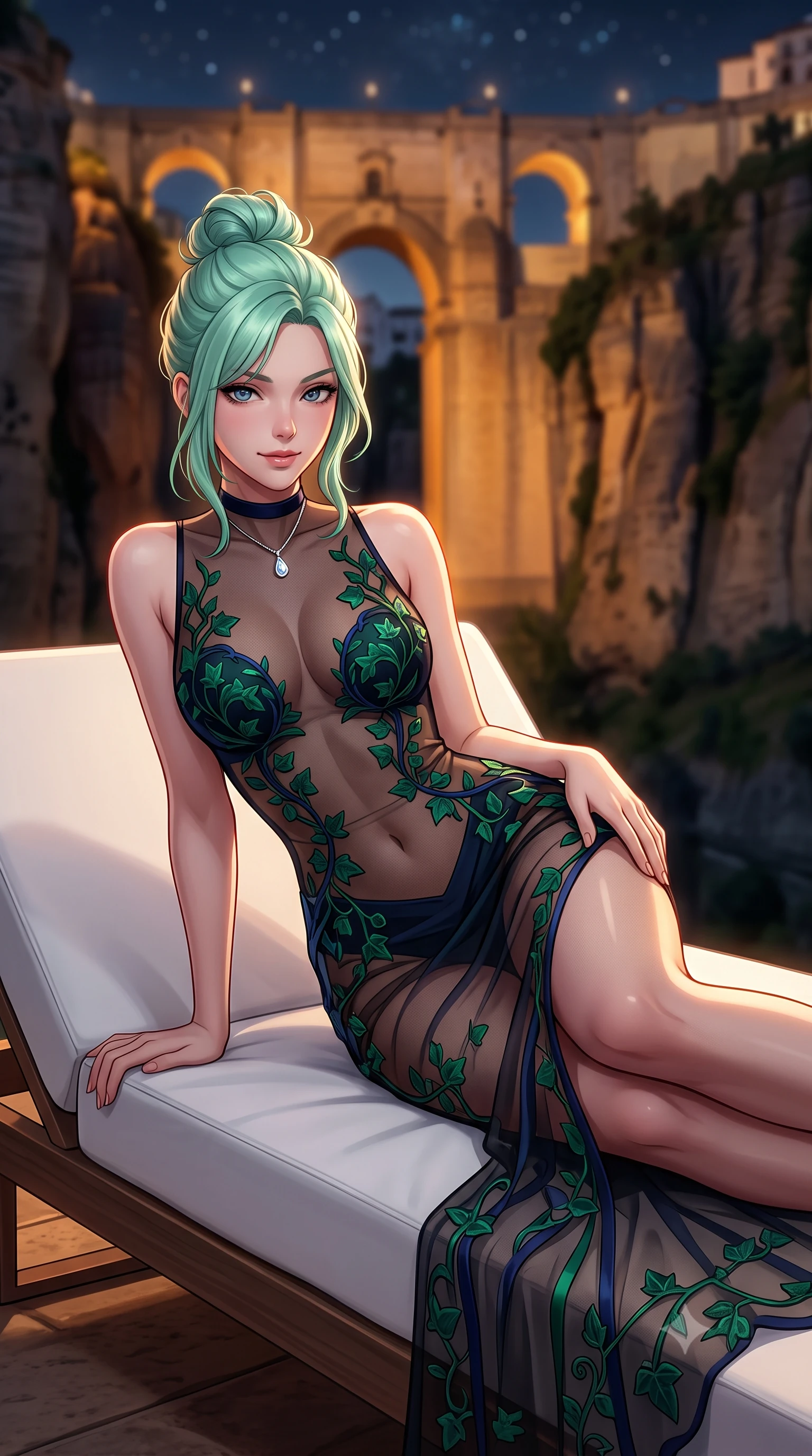 score_9, masterpiece, best quality, ultra-detailed, high-budget anime keyframe, semi-realistic 3D game render, editorial fashion photography, tasteful artistic composition, Japanese woman. close-up cowboy shot from the waist and thighs up, the character dominates the composition, filling the frame with her large presence. tilting her head with a teasing half-smile, running one hand slowly down the side of her hip in a flirtatious S-curve as ambient light caresses her silhouette while lounging in the modern white daybed propped on one elbow with legs extended, displaying her long slender limbs and statuesque hourglass silhouette against the gorge. The background shows a soft-focus monumental illuminated stone arches of the Puente Nuevo spanning the dark abyss, sheer vertical limestone cliffs, and starry Andalusian sky blurred into amber, slate, and sapphire bokeh. She has an exceptionally elegant, slender, and willowy female figure with an ultra-slim waist, flat toned midriff, narrow ribcage, and sculpted feminine hips creating an alluring, slim hourglass silhouette without bulk. sharp v-shaped jawline, high-bridge nose, intricate jewel-like sparkling eyes with depth, thick eyelashes, glossy parted lips with a natural peach sheen, bright cheerful beaming smile with an enchanting and coquettish sensual glint, exuding both youthful cute charm and seductive allure, flawlessly proportioned anatomical accuracy, strict slender model proportions, natural body alignment, perfectly sculpted long slender limbs, ultra-slim waistline, clean dynamic posture without body distortion. wearing a provocative sheer noir illusion mesh cocktail dress with embroidered climbing ivy ribbons contouring her curves in Lake Tegernsee emerald glass and royal Bavarian navy, crafted from bespoke double-faced cashmere with an exceptionally soft tactile finish, finished with a thin velvet ribbon choker and a single teardrop diamond pendant, the second-skin tailored fabric adhering flawlessly to her sculpted flat midriff and slender torso, emphasizing her long leg lines and perfectly proportioned willowy build. illuminated by stone deck bounce and sharp copper-gold rim lights sculpting her jawline, narrow waist, and curvy hips. highly saturated vibrant anime colors, detailed shading with soft gradients, rich glossy textures, high-contrast stereoscopic depth, volumetric dynamic lighting, master piece, 9:16 ratio