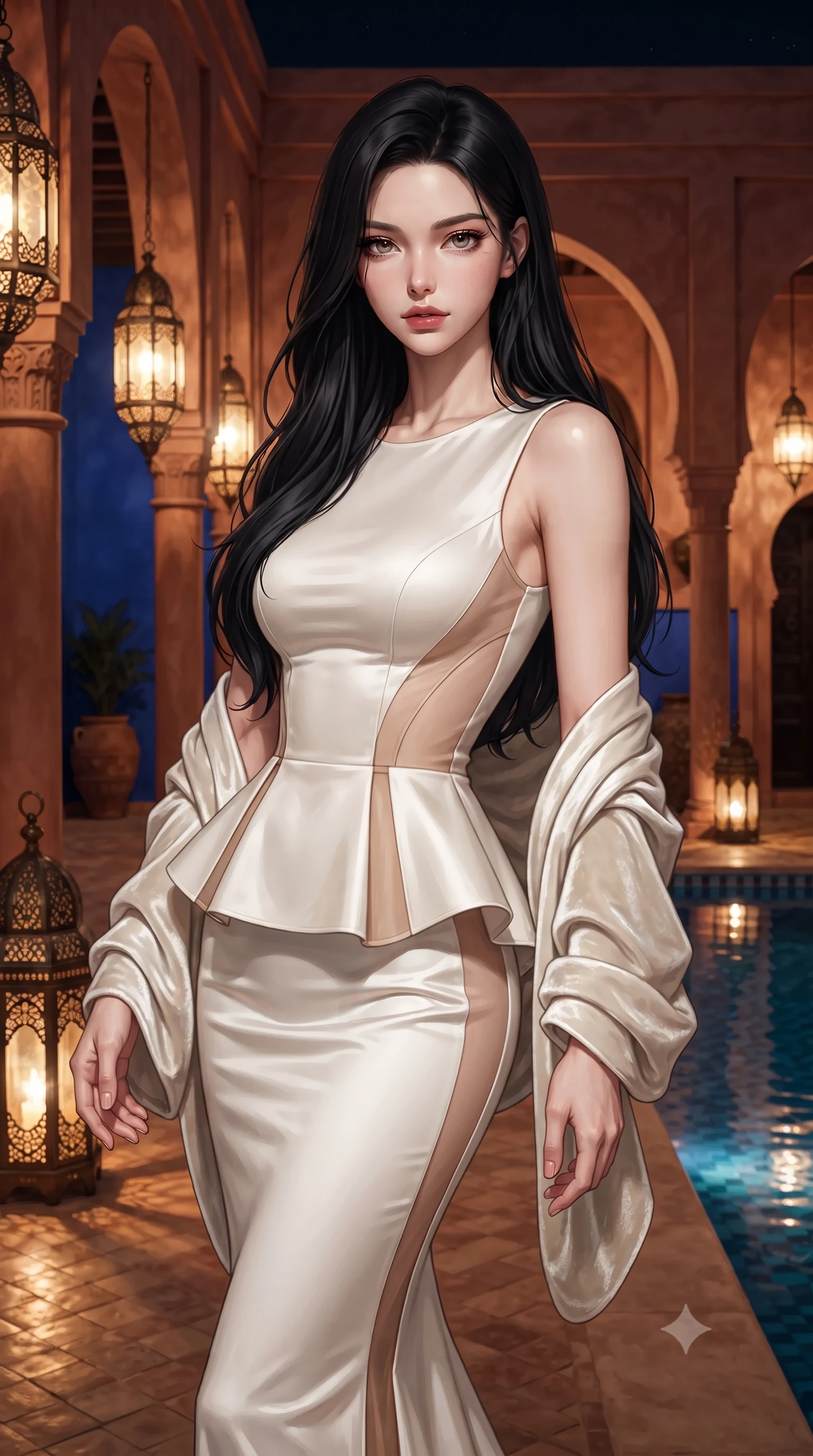 score_9, masterpiece, best quality, ultra-detailed, high-budget anime keyframe, editorial fashion photography, tasteful artistic composition, Korean woman. close-up cowboy shot from the waist and thighs up, the character dominates the composition, filling the frame with her large presence. leaning back with relaxed seductive grace, her sculpted collarbones and narrow waist highlighted as she casts smoldering bedroom-eyes directly into the camera while gliding down the terracotta courtyard colonnade, her lightweight silk robe billowing in the warm night air to reveal her slender model waist. The surrounding environment is rendered in vivid detail and crisp panoramic clarity. detailed brass lantern filigree, silk fabric sheen, and pool water surface tension in high clarity. She has an exceptionally elegant, slender, and willowy female figure with an ultra-slim waist, flat toned midriff, narrow ribcage, and sculpted feminine hips creating an alluring, slim hourglass silhouette without bulk. sharp v-shaped jawline, high-bridge nose, intricate jewel-like eyes with depth, thick eyelashes, glossy parted lips with a natural sheen, intensely captivating and seductive bedroom-eyes expression, flawlessly proportioned anatomical accuracy, strict slender model proportions, natural body alignment, perfectly sculpted long slender limbs, ultra-slim waistline, clean dynamic posture without body distortion. wearing a structural geometric peplum gown with sheer side-ribbon cutouts and form-fitting skirt in pure alabaster white and sun-kissed gold, tailored from smooth liquid silk satin adhering seamlessly to her skin, complemented by a plush velvet shawl draped loosely over her elbows, the second-skin form-contouring cut accentuating her sculpted flat midriff, narrow delicate ribcage, and gracefully curvy hips with supermodel precision. bathed in vibrant Majorelle blue wall ambient bounce and warm golden brass lantern downlights. ultra-reflective glossy finish, specular highlights, rich textural contrasts, high-contrast stereoscopic depth, volumetric dynamic lighting, 2k, ultra detail, master piece, 9:16 ratio