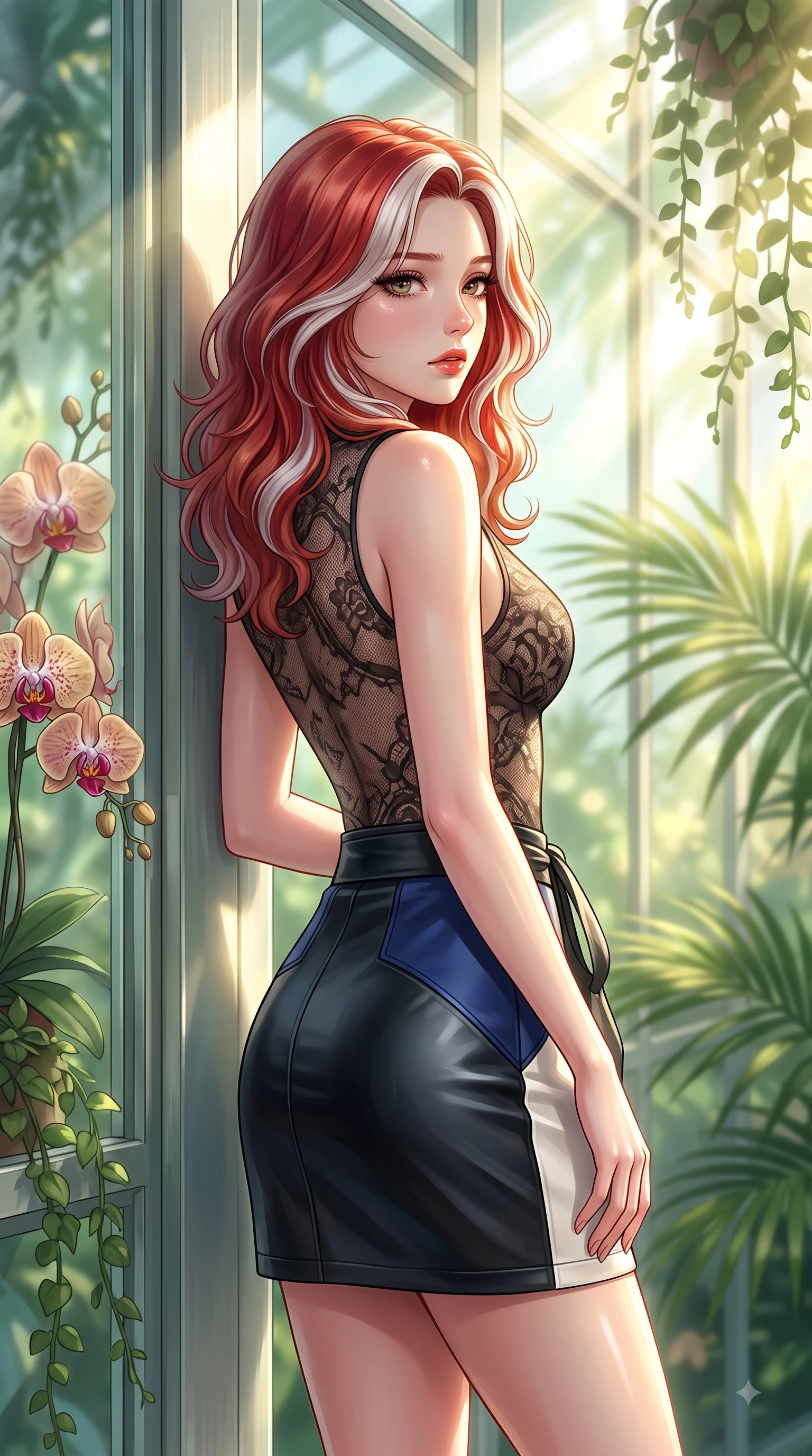 score_9, masterpiece, best quality, ultra-detailed, high-budget anime keyframe, editorial fashion photography, tasteful artistic composition, Caucasian woman. close-up cowboy shot from the waist and thighs up, the character dominates the composition, filling the frame with her large presence. Subtle lingering regret in her eyes, looking back over her shoulder with an emotional, reluctant glance while leaning against a sunlit glass wall surrounded by exotic orchids and cascading vines. The composition keeps background elements in soft focus with dreamy bokeh. exotic orchids and tropical palm leaves blurred into a dreamy emerald and jade background bokeh. She has an exceptionally elegant, slender, and willowy female figure with an ultra-slim waist, a gracefully sculpted slender torso, and a refined silhouette. sharp v-shaped jawline, high-bridge nose, intricate jewel-like eyes with depth, thick eyelashes, glossy lips with a natural sheen, flawlessly proportioned anatomical accuracy, natural body alignment, perfectly sculpted elegant limbs, clean dynamic posture without body distortion. wearing a sheer dark lace pattern bodysuit over a structured black leather mini skirt in royal navy blue and pure ivory, made of fine lace weave and soft satin jersey, accented with a delicate side waist sash creating fluid lines, the tailored fit highlighting her statuesque and model-like silhouette. bathed in bright golden sunbeams streaming through glasshouse panes. highly saturated vibrant anime colors, detailed shading with soft gradients, rich glossy textures, high-contrast stereoscopic depth, volumetric dynamic lighting, master piece, 9:16 ratio