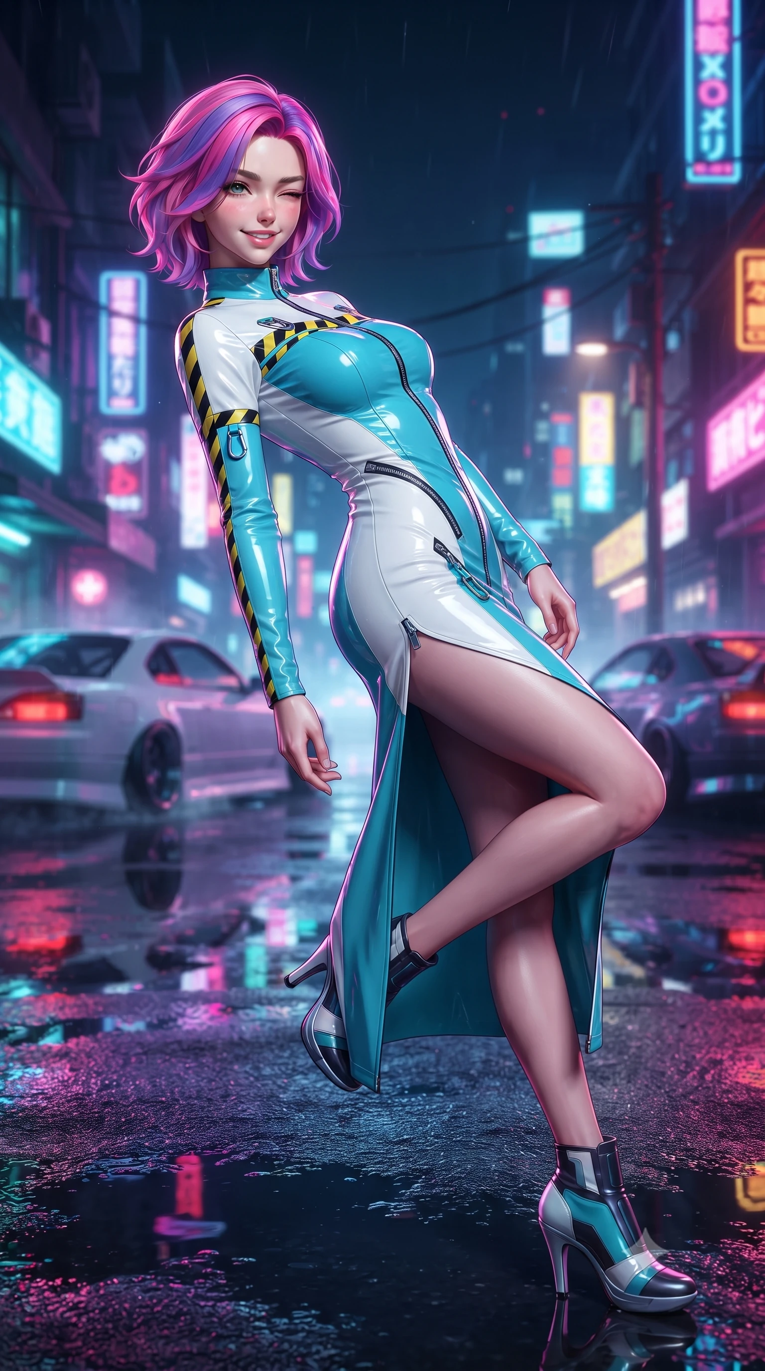 score_9, masterpiece, best quality, ultra-detailed, high-budget anime keyframe, editorial fashion photography, tasteful artistic composition, Caucasian woman. low angle full-body shot from head to toe showing her feet, filling the entire 9:16 vertical frame with her statuesque presence, stretching her vertical silhouette. reclining back languidly with one knee bent and spine arched in a breathtaking dancer line, commanding the entire 9:16 vertical frame while pivoting sharply with supermodel momentum on the wet tarmac, a playful wink breaking across her radiant face. The surrounding environment is rendered in vivid detail and crisp panoramic clarity. intense neon-noir chiaroscuro and exhilarating urban drift culture aesthetics rendered with precision. She has an absolutely perfect, statuesque 8.5-heads proportion, an exceptionally tall and slender model-like female figure with impossibly long slender legs, a toned flat midriff, and an ultra-slim waist. sharp v-shaped jawline, high-bridge nose, intricate jewel-like eyes with depth, thick eyelashes, glossy parted lips with a natural sheen, intensely captivating and seductive expression, flawlessly proportioned anatomical accuracy, strict slender model proportions, natural body alignment, perfectly sculpted long slender limbs, ultra-slim waistline, clean dynamic posture without body distortion. wearing a form-contouring vinyl track dress with diagonal zipper detailing and an ultra-high side slit in racing aqua blue and stark white, crafted from flexible ballistic matte leather and aerodynamic stretch neoprene, finished with high-visibility hazard warning tape details and carabiner clips, the liquid-tight tailored fabric emphasizing every curve of her tall, slender model proportions and sculptured silhouette. illuminated by crisp directional rim lighting sharply defining her razor-sharp jawline and feminine curves. ultra-reflective glossy finish, specular highlights, rich textural contrasts, high-contrast stereoscopic depth, volumetric dynamic lighting, 2k, ultra detail, master piece, 9:16 ratio