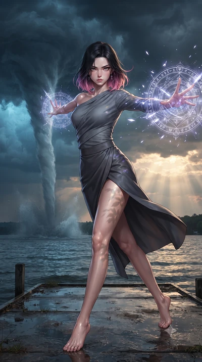 score_9, masterpiece, best quality, ultra-detailed, high-budget anime keyframe, editorial fashion photography, tasteful artistic composition, realistic cosplay photography, Korean woman. low angle full-body shot from head to toe showing her feet, fil