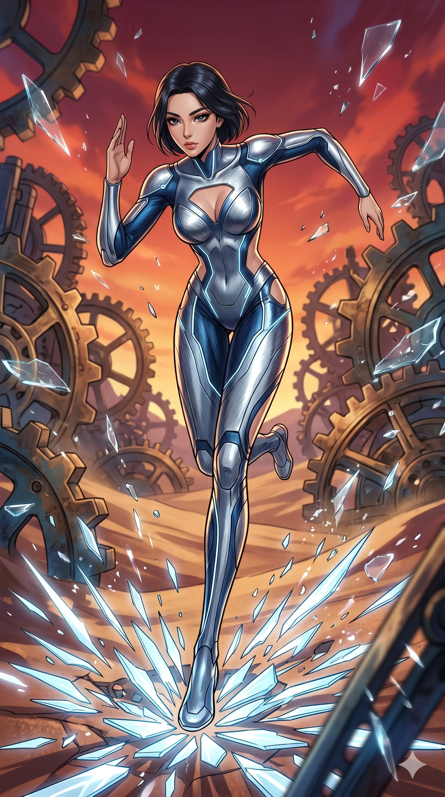 score_9, masterpiece, best quality, ultra-detailed, Set A: High-budget Anime Keyframe, Korean woman. Low angle cowboy shot filling the entire 9:16 frame with her statuesque presence. Sprinting through a clockwork desert, as the ground beneath her turns into 141 shards of light and surrounded by shattered glass fragments. She has an absolutely perfect 8-heads proportion, an exceptionally tall and slender female figure with impossibly long slender legs and an ultra-slim waist. Sharp v-shaped jawline, high-bridge nose, intricate jewel-like eyes with depth, thick eyelashes, glossy lips with a natural sheen. Wearing Minimalist tech-suit with negative-space cutouts and liquid metal textures. Cinematic lighting, vibrant colors, dramatic shadows, 2k, ultra detail, master piece, 9:16 ratio