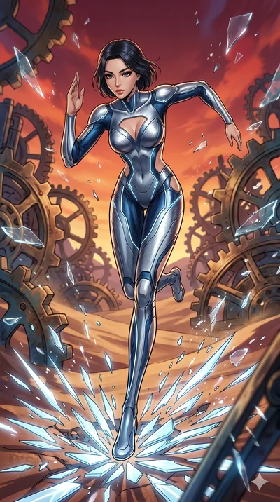 score_9, masterpiece, best quality, ultra-detailed, Set A: High-budget Anime Keyframe, Korean woman. Low angle cowboy shot filling the entire 9:16 frame with her statuesque presence. Sprinting through a clockwork desert, as the ground beneath her tur