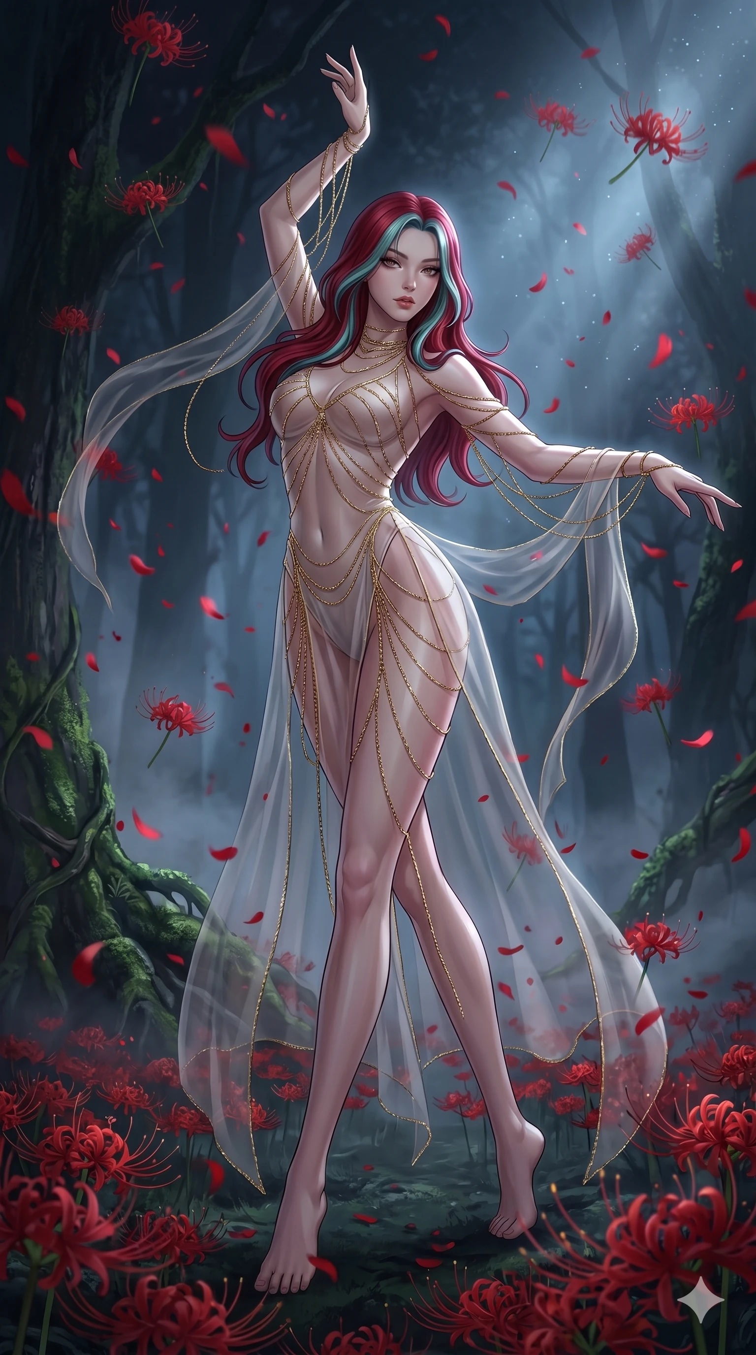 score_9, masterpiece, best quality, ultra-detailed, High-budget Anime Keyframe, East Asian woman. Low angle cowboy shot filling the entire 9:16 frame with her statuesque presence. Scenario 185: Dancing amidst falling red spider lilies in a misty dark forest. Her presence is magnetic and overpowering in this high-budget anime scene. Outfit 185: A sheer organza bare with a high-cut leg line and fine gold chains. The clothing is designed to emphasize her exceptionally tall and slender 8-heads proportion. 8-heads proportion, towering silhouette, ultra-slim waist. sharp v-shaped jawline, intricate jewel-like eyes with depth, thick eyelashes, glossy lips. 2k, ultra detail, master piece, 9:16 ratio