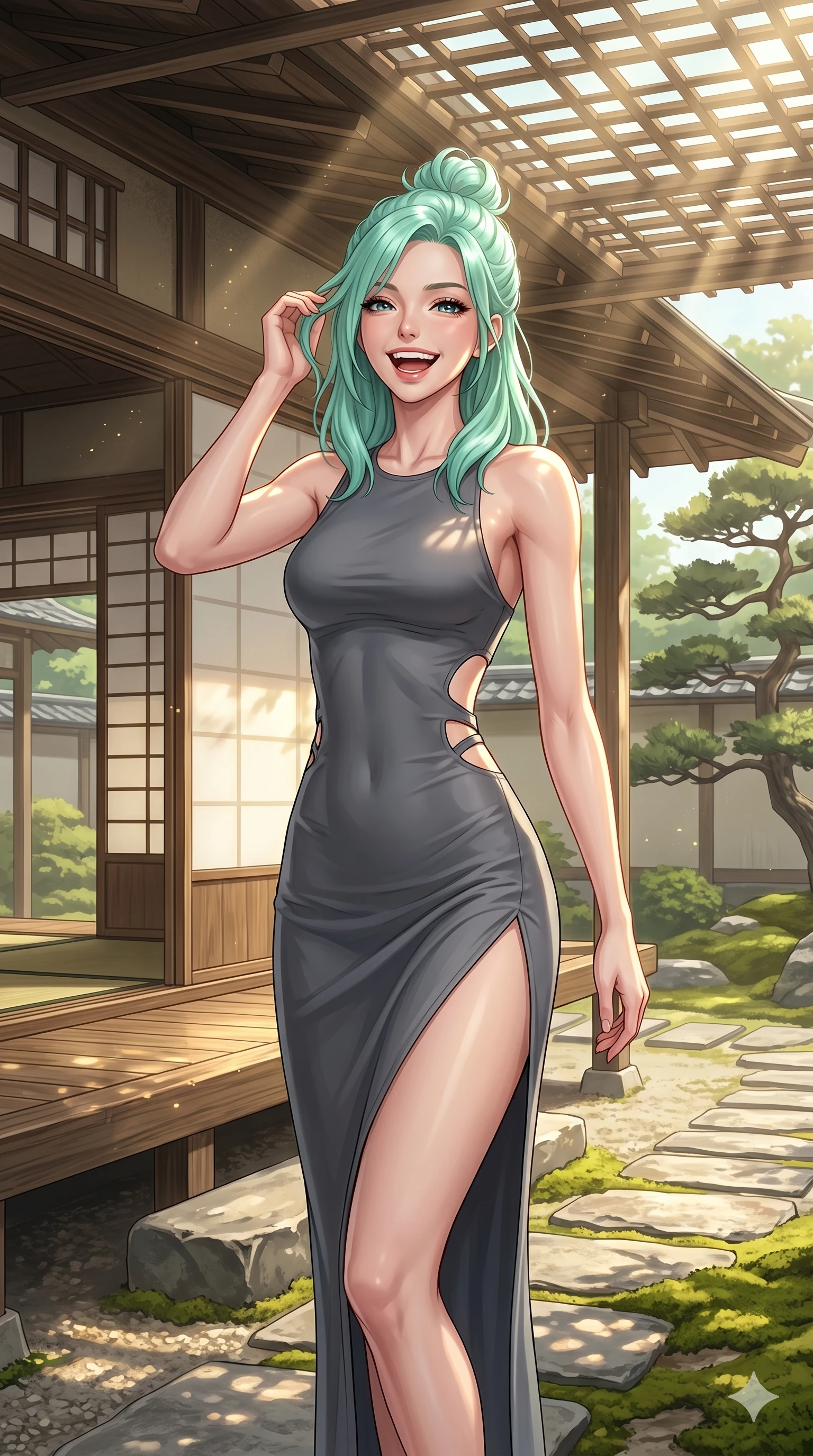 score_9, masterpiece, best quality, ultra-detailed, high-budget anime keyframe, vibrant anime aesthetic, Japanese woman. cowboy shot from the thighs up, character and outfit filling the frame for maximum presence. She is laughing happily while running her fingers through her hair in the sun by a quiet outdoor tea pavilion with sunbeams (Code-P20-095). She has an absolutely perfect 8-heads proportion, an exceptionally tall and slender female figure with impossibly long slender legs and an ultra-slim waist. V-shaped jawline, high-bridge nose, intricate jewel-like eyes with depth, thick eyelashes, glossy lips with a natural sheen. wearing a bodycon dress with side cut-outs and high-slit. She is drenched in warm morning sunshine, tracing the elegant lines of her shoulders. 2k, ultra detail, master piece, 9:16 ratio