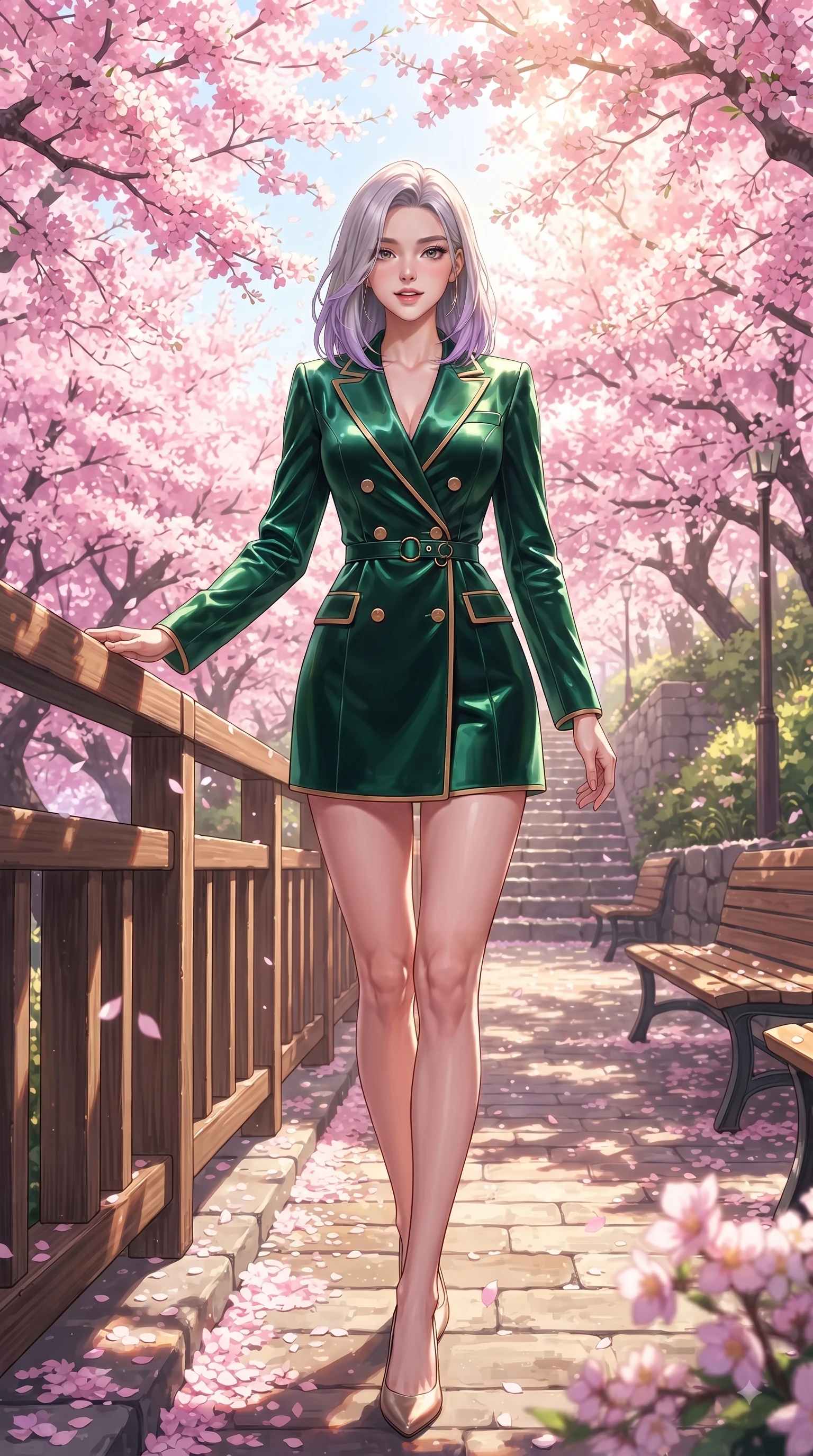 score_9, masterpiece, best quality, ultra-detailed, high-budget anime keyframe, editorial fashion photography, tasteful artistic composition, Caucasian woman. low angle full-body shot from head to toe showing her feet, filling the entire 9:16 vertical frame with her statuesque presence, stretching her vertical silhouette. stepping forward gracefully in mid-motion with a delighted cute expression, displaying her statuesque model proportions while leaning gracefully against a sunlit park railing framed by vibrant pink flower canopies. The surrounding environment is rendered in vivid detail and crisp panoramic clarity. delicate cherry blossom petal clusters, wooden park benches, and historic hill paths in sharp resolution. She has an absolutely perfect, statuesque 8.5-heads proportion, an exceptionally tall and slender model-like female figure with impossibly long slender legs and an ultra-slim waist. sharp v-shaped jawline, high-bridge nose, intricate jewel-like eyes with depth, thick eyelashes, glossy lips with a natural sheen, flawlessly proportioned anatomical accuracy, natural body alignment, perfectly sculpted elegant limbs, clean dynamic posture without body distortion. wearing a tailored double-breasted blazer dress with a sleek waist belt and clean lines in bright emerald green and warm gold trim, made of lustrous stretch velvet, accented with subtle metallic ring hardware framing her waist, the form-contouring material highlighting her ultra-slim waist and long lines. bathed in bright morning sunbeams and warm golden sakura backlighting. ultra-reflective glossy finish, specular highlights, metallic sheen, high-contrast stereoscopic depth, volumetric dynamic lighting, 2k, ultra detail, master piece, 9:16 ratio