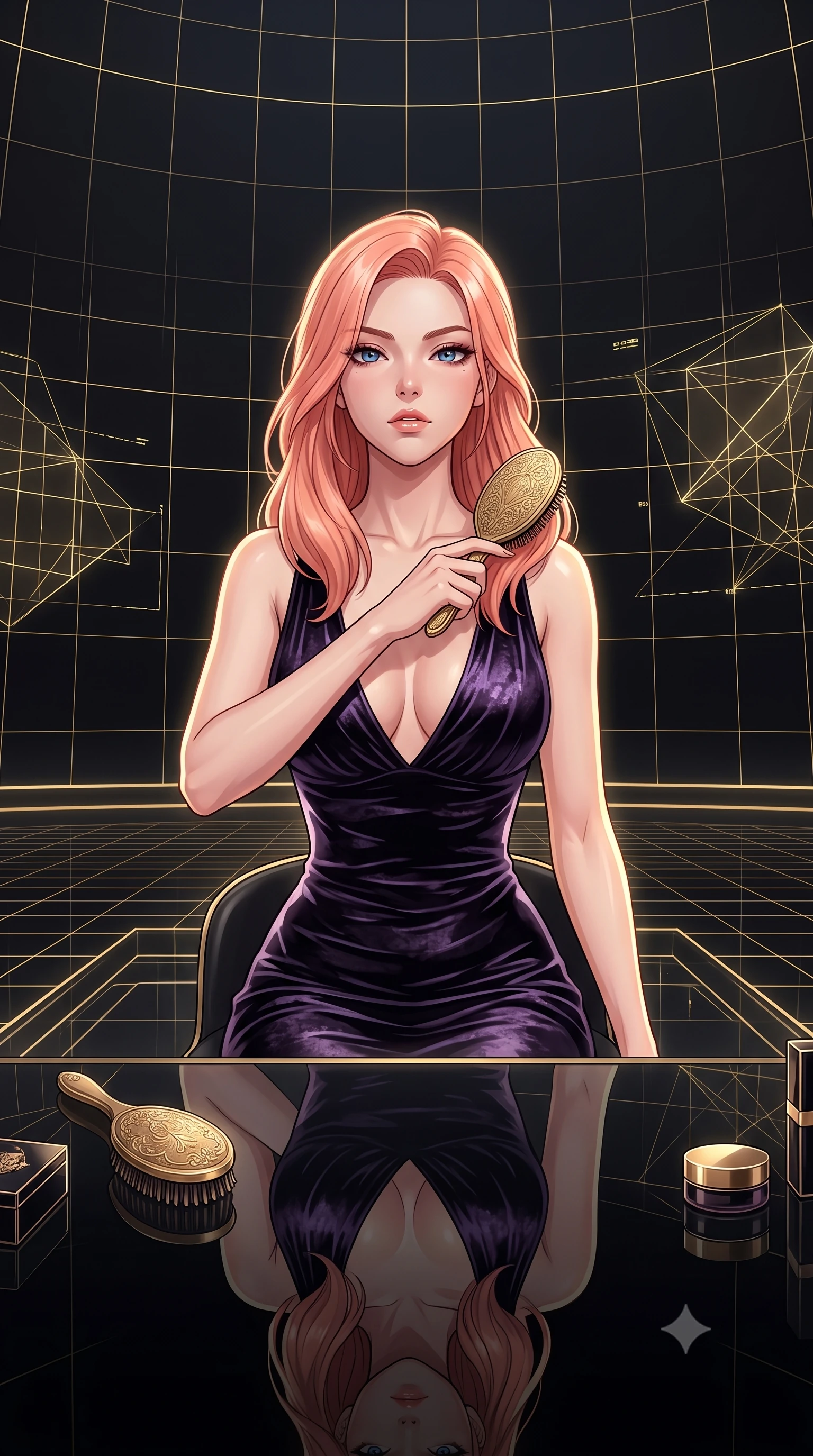 score_9, masterpiece, best quality, ultra-detailed, High-budget Anime Keyframe, East Asian woman. Low angle cowboy shot filling the entire 9:16 frame with her statuesque presence. Scenario 256: brushing her hair while seated before a vanity of black glass in a digital arena where gold gridlines project onto the black walls. Her presence is magnetic and overpowering in this high-budget anime scene. Outfit 256: a body-hugging crushed dark velvet liquid with a plunging V-neckline and tight-fitting silhouette. The clothing is designed to emphasize her exceptionally tall and slender 8-heads proportion. 8-heads proportion, towering silhouette, ultra-slim waist. sharp v-shaped jawline, intricate jewel-like eyes with depth, thick eyelashes, glossy lips. 2k, ultra detail, master piece, 9:16 ratio