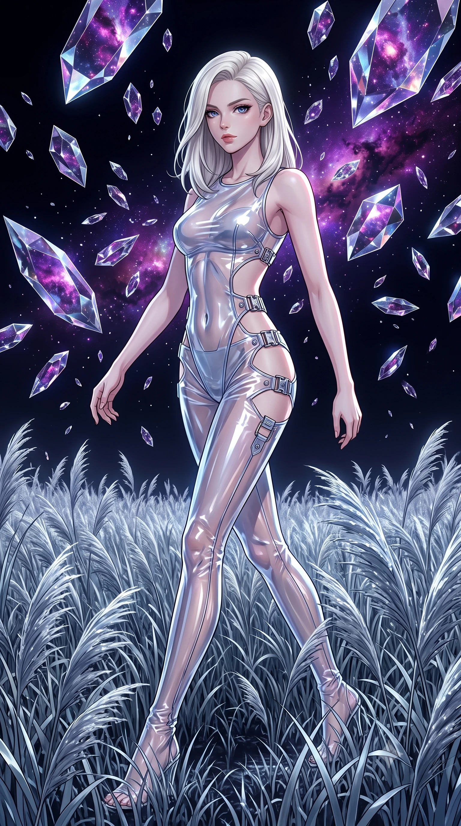 score_9, masterpiece, best quality, ultra-detailed, High-budget Anime Keyframe, Caucasian woman, strictly human ears. Dynamic full-body shot stretching the vertical silhouette to the limit. Scenario 391: walking through a field of tall silver grass at a dark void filled with floating crystal shards reflecting purple nebulae. Her presence is magnetic and overpowering in this high-budget anime scene. Outfit 391: a tailored translucent PVC liquid with a strategic side cut-outs and metallic buckles. The clothing is designed to emphasize her exceptionally tall and slender 8-heads proportion. 8-heads proportion, towering silhouette, ultra-slim waist. sharp v-shaped jawline, intricate jewel-like eyes with depth, thick eyelashes, glossy lips. 2k, ultra detail, master piece, 9:16 ratio