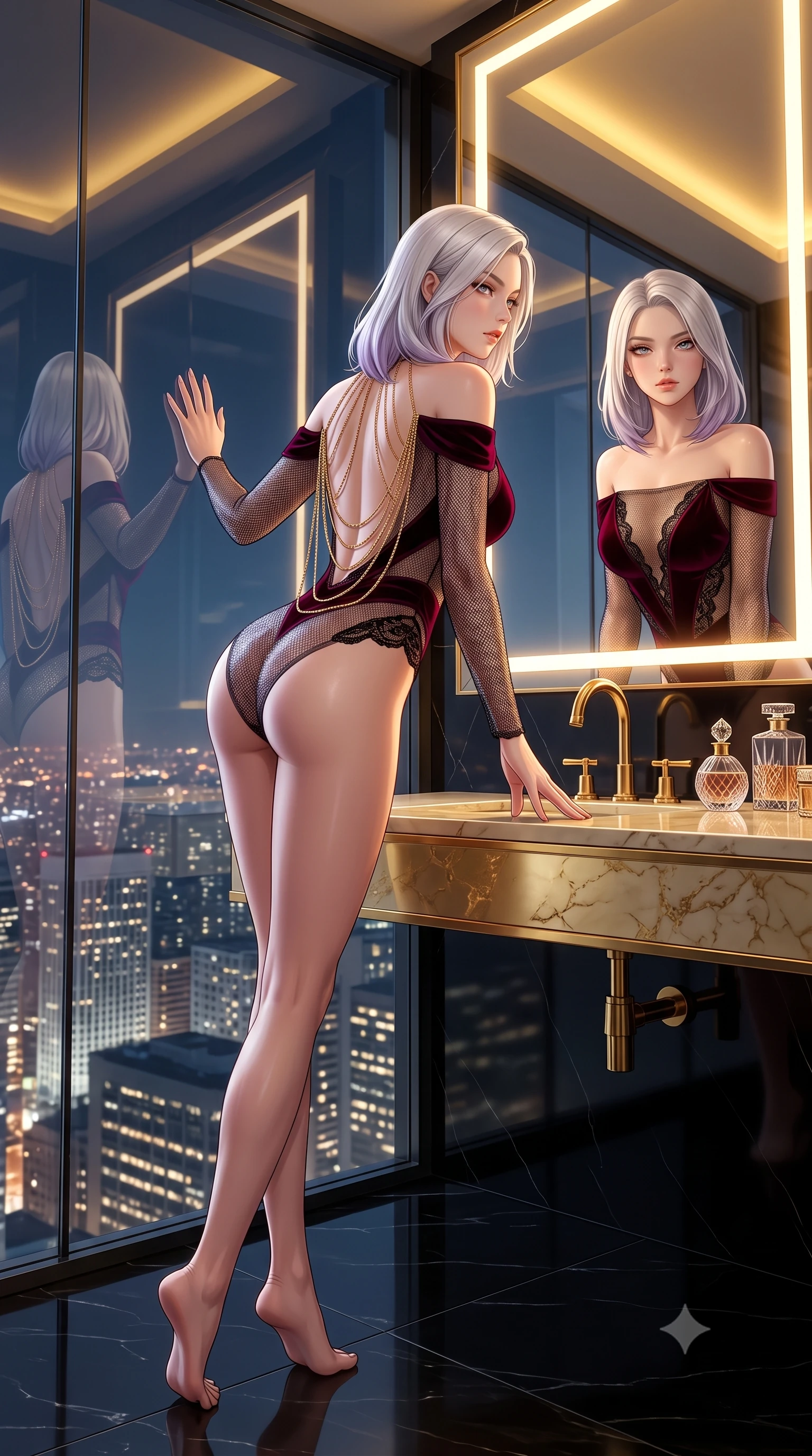 score_9, masterpiece, best quality, ultra-detailed, high-budget anime keyframe, semi-realistic 3D game render, editorial fashion photography, tasteful artistic composition, Caucasian woman. low angle full-body shot from head to toe showing her feet, filling the entire 9:16 vertical frame with her statuesque presence, stretching her vertical silhouette. standing tall beside the floor-to-ceiling glass wall, one hand resting on the glass while arching her lower back to emphasize her sculpted feminine hips and slender waist against the glittering city while leaning forward over the gilded marble vanity counter while arching her lower back to accentuate her curvy hips, looking into the mirror with a smoldering bedroom-gaze. The surrounding environment is rendered in vivid detail and crisp panoramic clarity: sharp black onyx stone veining, polished brass faucet fixtures, and cut-crystal perfume bottle clarity in deep focus. She has an absolutely perfect, statuesque 8.5-heads proportion, an exceptionally tall and slender model-like female figure with impossibly long slender legs, an ultra-slim waist, a flat toned midriff, narrow delicate ribcage, and beautifully sculpted feminine hips creating a graceful, slim hourglass silhouette without any bulky heaviness. sharp v-shaped jawline, high-bridge nose, sparkling eyes with hypnotic seductive depth, thick curled eyelashes, glossy parted lips with a natural dewy peach sheen, alluring bedroom-eyes with an enchanting coquettish smile, exuding magnetic siren charisma and sophisticated high-fashion glamour, flawlessly proportioned anatomical accuracy, strict slender model proportions, natural body alignment, perfectly sculpted long slender limbs, ultra-slim waistline, clean dynamic posture without body distortion. wearing an off-the-shoulder sheer-illusion mesh bodysuit with strategically placed velvet flocking and high-cut leg openings in deep bordeaux velvet and delicate black chantilly, crafted from shimmering fluid chainmail mesh reflecting ambient candlelight, accented with an open-back drape framed by falling strands of delicate gold chains, the glove-like clinging cut tightly following the natural contour of her hips and long slender legs with youthful 8.5-heads elegance. bathed in warm 2700K Hollywood-style perimeter mirror lighting and ambient gold cove glow. highly saturated vibrant anime colors, detailed shading with soft gradients, rich glossy textures, high-contrast stereoscopic depth, volumetric dynamic lighting, master piece, 9:16 ratio
