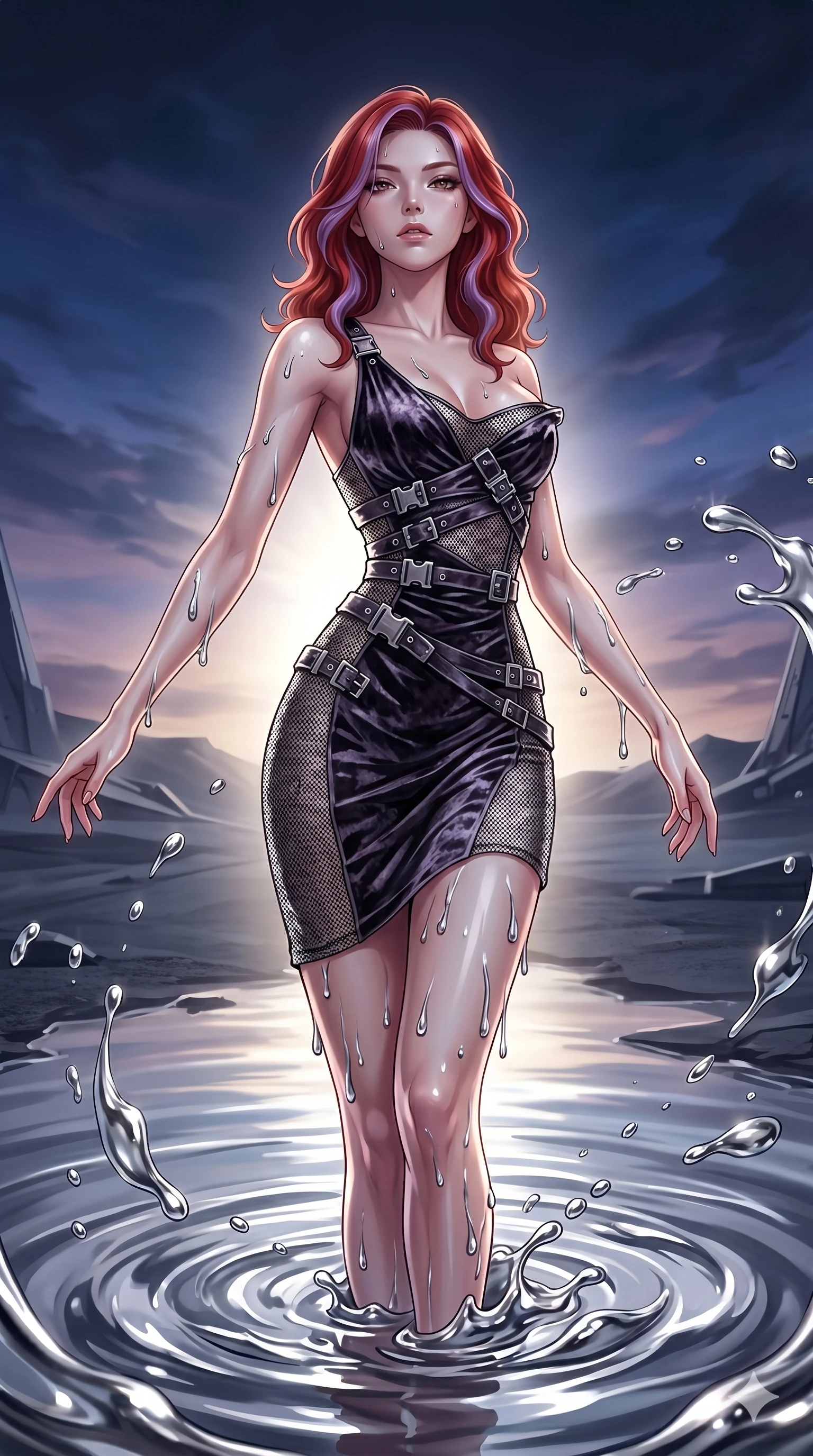 score_9, masterpiece, best quality, ultra-detailed, High-budget Anime Keyframe, East Asian woman. Dynamic full-body shot stretching the vertical silhouette to the limit. Scenario 204: Rising from a pool of mercury-like liquid, droplets rolling off her skin. Her presence is magnetic and overpowering in this high-budget anime scene. Outfit 204: A crushed dark velvet micro-mesh with a low-cut shoulder and metallic buckles. The clothing is designed to emphasize her exceptionally tall and slender 8-heads proportion. 8-heads proportion, towering silhouette, ultra-slim waist. sharp v-shaped jawline, intricate jewel-like eyes with depth, thick eyelashes, glossy lips. 2k, ultra detail, master piece, 9:16 ratio