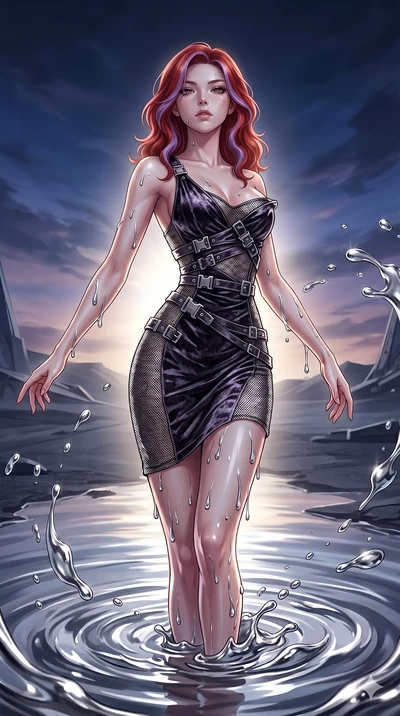 score_9, masterpiece, best quality, ultra-detailed, High-budget Anime Keyframe, East Asian woman. Dynamic full-body shot stretching the vertical silhouette to the limit. Scenario 204: Rising from a pool of mercury-like liquid, droplets rolling off he