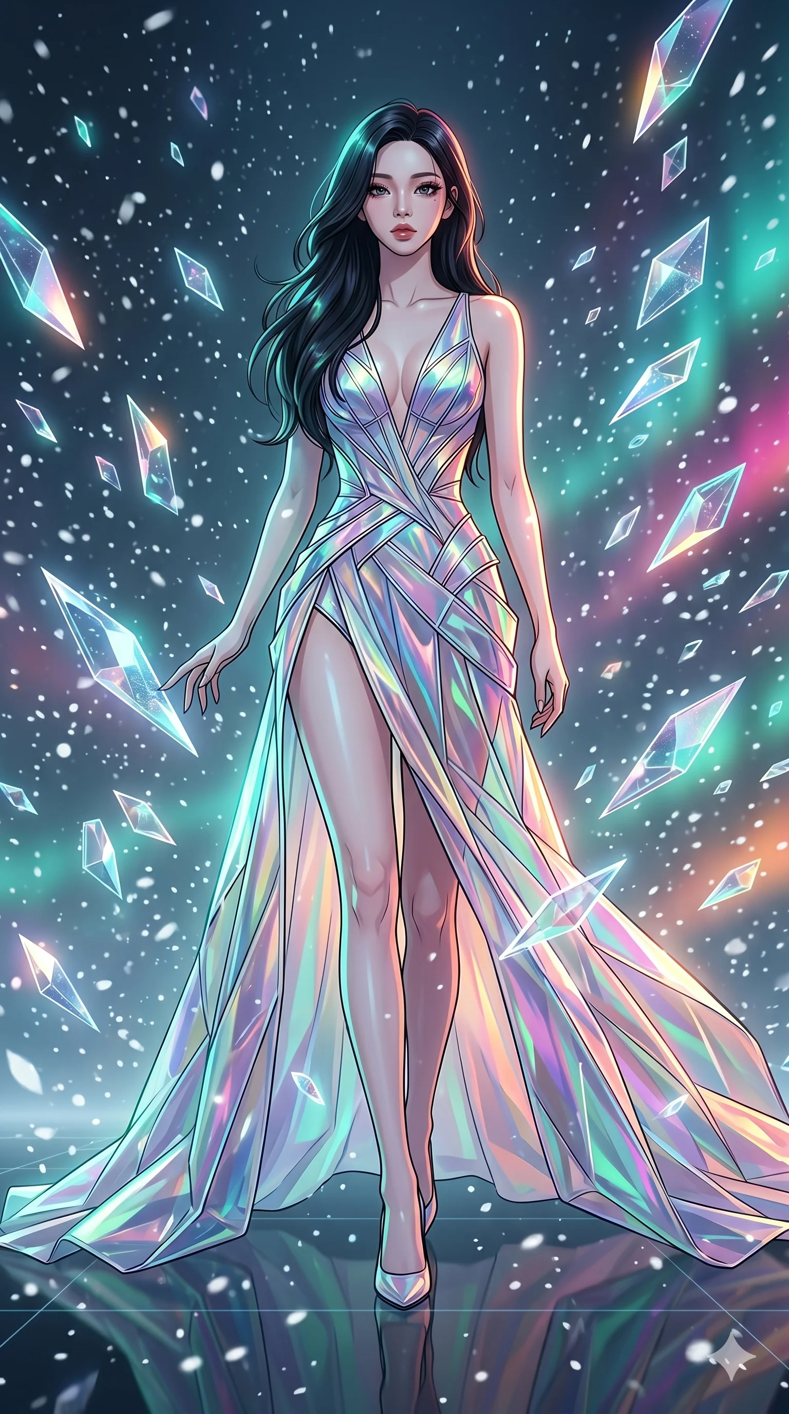 score_9, masterpiece, best quality, ultra-detailed, high-budget anime movie keyframe, cinematic anime lighting, intricate line art, Korean woman. Low angle cowboy shot filling the entire 9:16 frame with her statuesque presence. walking through a blizzard in a minimalist digital void surrounded by floating data-shards. She has an absolutely perfect 8-heads proportion, an exceptionally tall and slender female figure with an ultra-slim waist and impossibly long slender legs. sharp v-shaped jawline, high-bridge nose, intricate jewel-like eyes, thick eyelashes, glossy lips. Wearing avant-garde high-fashion gown made of iridescent vinyl with a dangerously high side slit and a plunging neckline, revealing an ultra-slim waist and long slender legs. The scene is illuminated by dramatic atmospheric lighting and vibrant color palettes. , 2k, ultra detail, master piece, 9:16 ratio