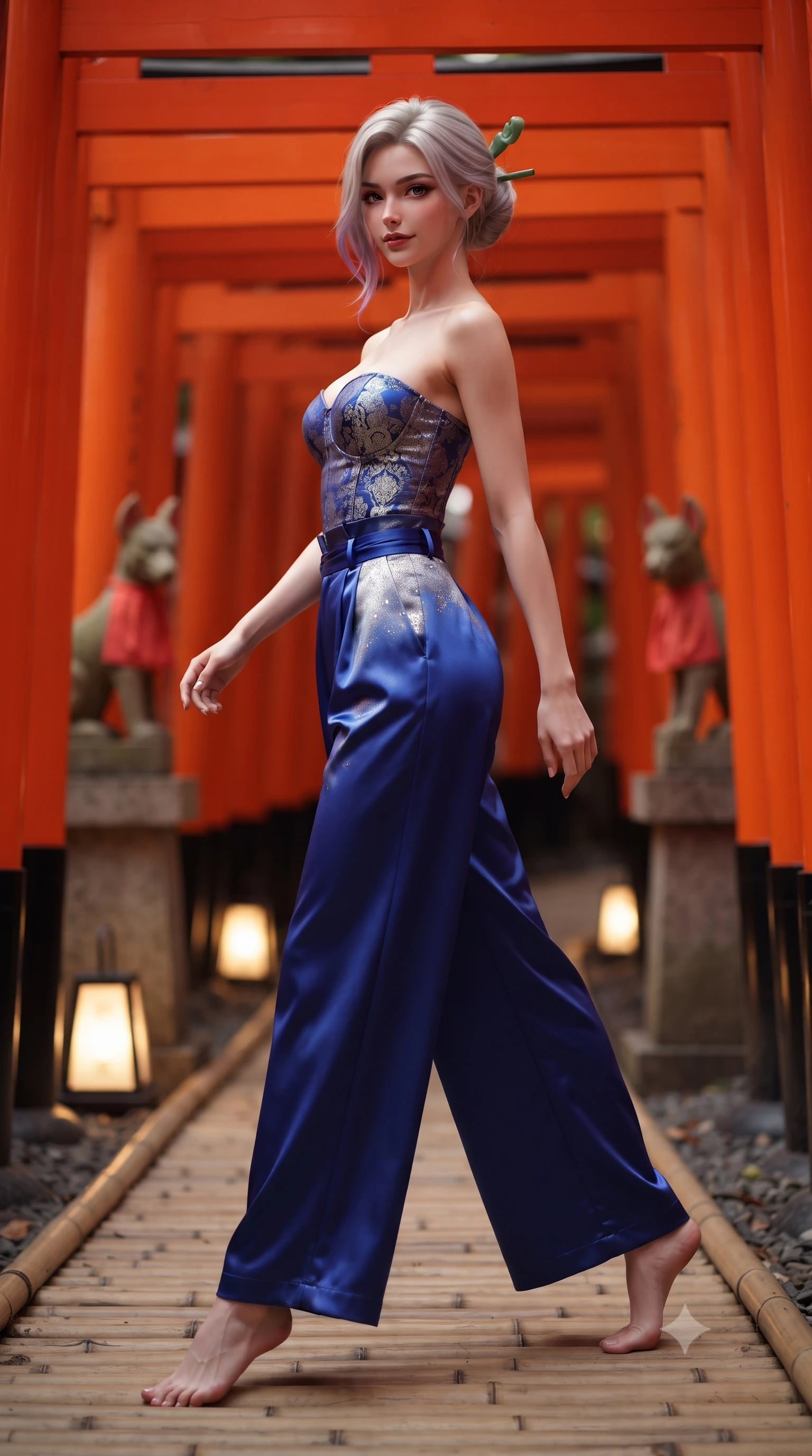 score_9, masterpiece, best quality, ultra-detailed, high-budget anime keyframe, editorial fashion photography, tasteful artistic composition, Caucasian woman. low angle full-body shot from head to toe showing her feet, filling the entire 9:16 vertical frame with her statuesque presence, stretching her vertical silhouette. walking slowly through the bamboo pathway, looking back over her shoulder with an air of effortless oriental grace and an alluring, smoldering smile while striding through the endless curving tunnel of bright vermilion torii gates, arching her back with dynamic supermodel poise in mid-motion. The background shows a soft-focus stone fox guardian statues draped in red votive cloths softened in mystical Shinto shallow focus. She has an absolutely perfect, statuesque 8.5-heads proportion, an exceptionally tall and slender model-like female figure with impossibly long slender legs, an ultra-slim waist, a flat toned midriff, narrow delicate ribcage, and beautifully sculpted feminine hips creating a graceful, slim hourglass silhouette without any bulky heaviness. sharp v-shaped jawline, high-bridge nose, intricate jewel-like dark sparkling almond eyes with depth, thick lashes, glossy parted lips with a natural rose-plum sheen, bright alluring and coquettish smile with bedroom-eyes, exuding both timeless oriental elegance and sovereign high-fashion allure, flawlessly proportioned anatomical accuracy, strict slender model proportions, natural body alignment, perfectly sculpted long slender limbs, ultra-slim waistline, clean dynamic posture without body distortion. wearing a strapless structured silk brocade bustier top paired with flowing wide-leg satin palazzo trousers cinched at the waist in royal cobalt blue and starlight platinum, woven from metallic gold and silver thread casting subtle starlight glints, featuring a modern sculptural jade hair pin securing her loose silky updo, the form-contouring cut accentuating her sculpted flat midriff, narrow delicate ribcage, and gracefully curvy hips with regal oriental supermodel elegance. illuminated by low pathway lanterns and sharp ruby-gold rim lights defining her razor-sharp jawline, narrow waist, and curvy hips. ultra-reflective glossy finish, specular highlights, rich textural contrasts, high-contrast stereoscopic depth, volumetric dynamic lighting, 2k, ultra detail, master piece, 9:16 ratio