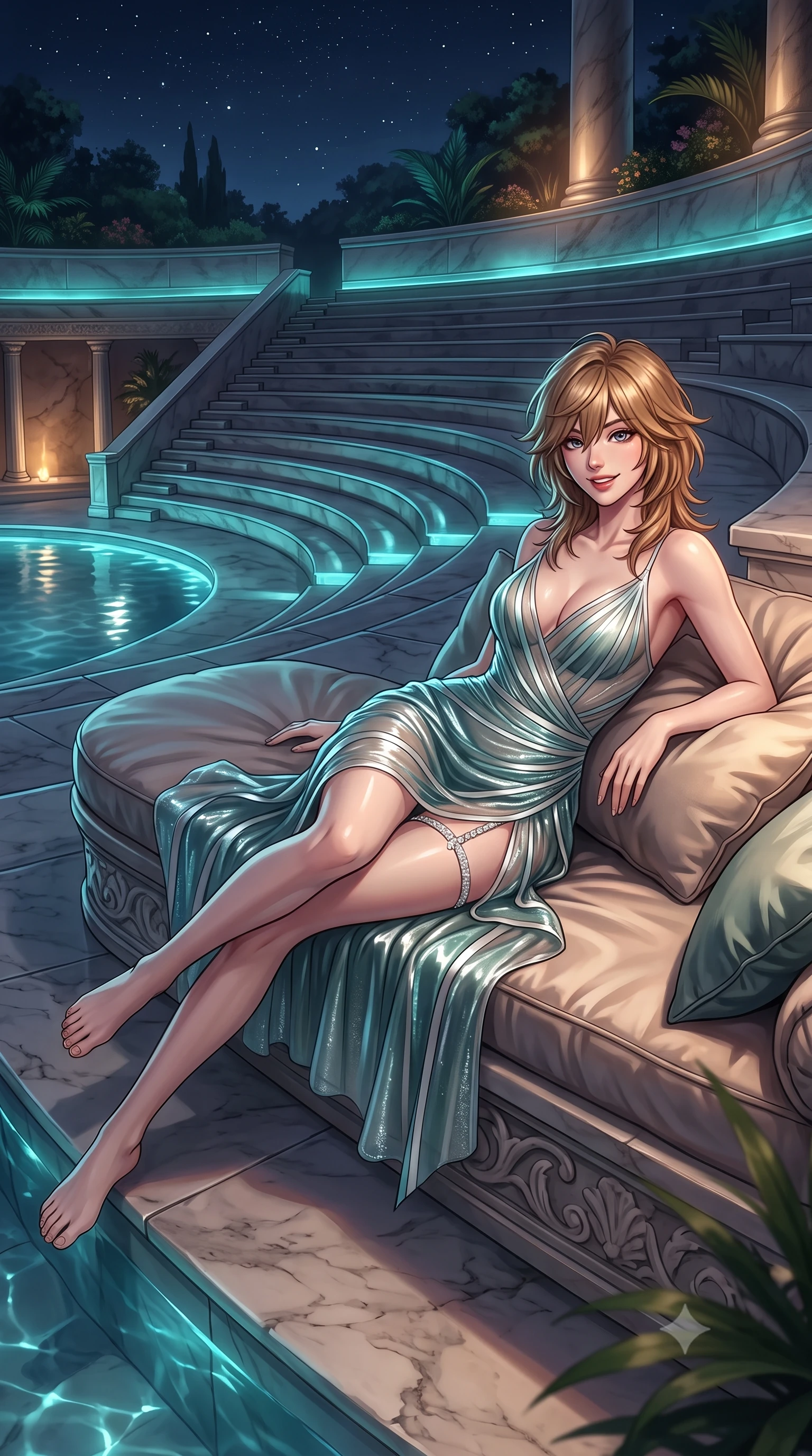 score_9, masterpiece, best quality, ultra-detailed, high-budget anime keyframe, editorial fashion photography, tasteful artistic composition, Japanese woman. low angle full-body shot from head to toe showing her feet, filling the entire 9:16 vertical frame with her statuesque presence, stretching her vertical silhouette. reclining gracefully across the plush chaise lounge with one leg extended, her sculpted silhouette and flat midriff radiating magnetic nocturnal glamour while sitting gracefully on the carved marble tier with legs crossed, flashing an enchanting smile with parted glossy lips. The surrounding environment is rendered in vivid detail and crisp panoramic clarity: detailed garment drape, high-gloss wet-look sheen, and grand sunken amphitheater architecture in high resolution. She has an exceptionally tall and slender model-like 8.5-heads proportion, an ultra-slim waist, a flat toned midriff, narrow delicate ribcage, and beautifully sculpted feminine hips creating a graceful, slim hourglass silhouette without any bulky heaviness, with impossibly long slender legs. sharp v-shaped jawline, high-bridge nose, intricate jewel-like sparkling eyes with depth, thick eyelashes, glossy parted lips with a natural peach sheen, bright cheerful beaming smile with an enchanting and coquettish sensual glint, exuding both youthful cute charm and seductive allure, flawlessly proportioned anatomical accuracy, strict slender model proportions, natural body alignment, perfectly sculpted long slender limbs, ultra-slim waistline, clean dynamic posture without body distortion. wearing a plunge-front sheer illusion tulle slip dress with liquid platinum ribbon stripes hugging her curves in polar aurora jade and starlight platinum, woven from stretch metallic lurex jersey casting radiant starlight glints across her curves, finished with delicate crystal-encrusted thigh garter straps glinting in the dim light, the impeccably tailored cut draping gracefully along her slender figure with aristocratic poise. illuminated by submerged marble reflection bounce and sharp aquamarine rim lights defining her jawline, narrow waist, and curvy hips. ultra-reflective glossy finish, specular highlights, rich textural contrasts, high-contrast stereoscopic depth, volumetric dynamic lighting, 2k, ultra detail, master piece, 9:16 ratio