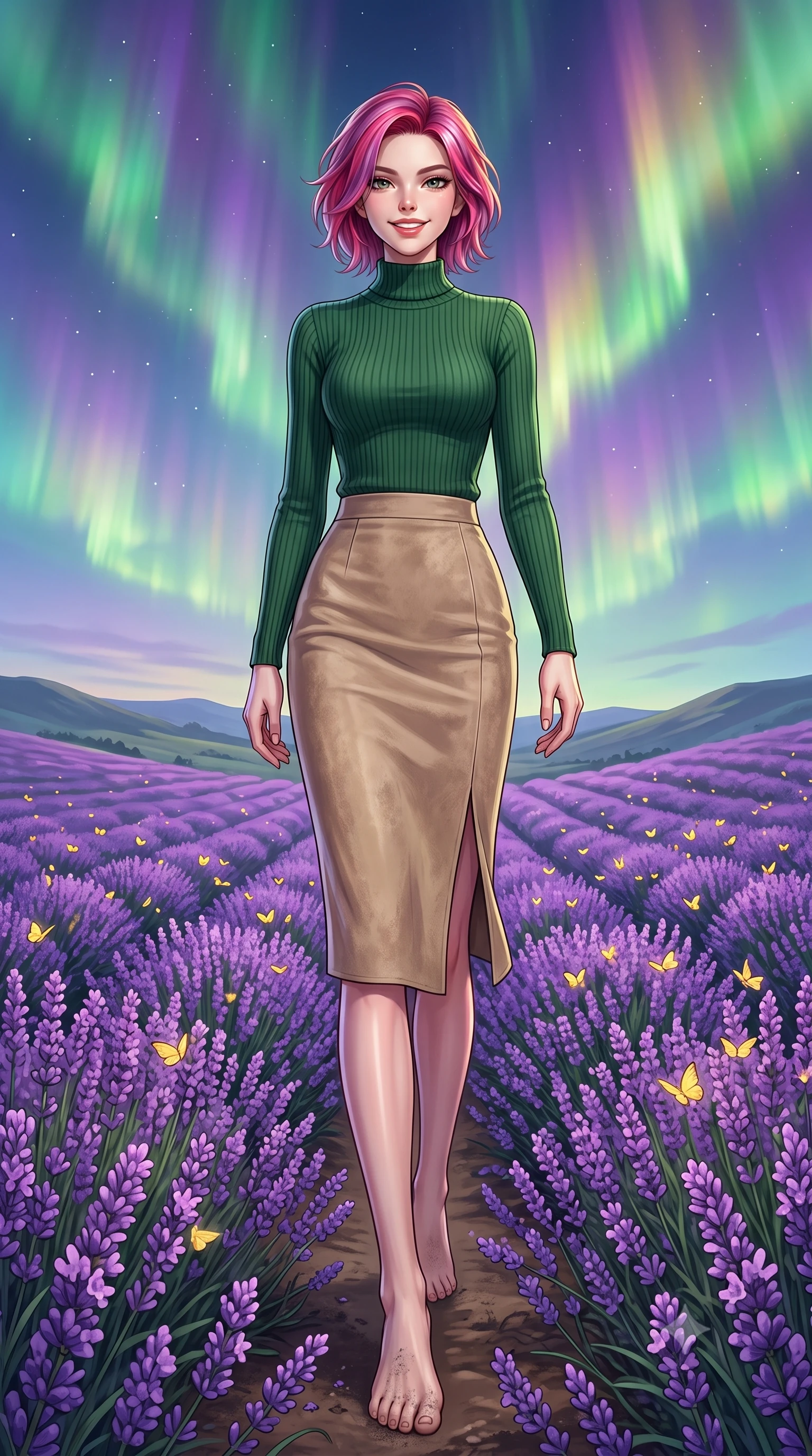 score_9, masterpiece, best quality, ultra-detailed, high-budget anime keyframe, editorial fashion photography, tasteful artistic composition, Caucasian woman, strictly human ears. low angle full-body shot from head to toe showing her feet, filling the entire 9:16 vertical frame with her statuesque presence, stretching her vertical silhouette. threading her way with a cheerful, optimistic expression through in an endless rolling valley covered in blooming violet lavender under a clear sky, with swarms of yellow butterflies dancing over the flowers. She has a statuesque 8.5-heads proportion, an exceptionally tall, slender and willowy model-like build with impossibly long legs and a highly sculpted ultra-slim waist. sharp v-shaped jawline, high-bridge nose, intricate jewel-like eyes with depth, thick eyelashes, glossy lips with a natural sheen. wearing a body-hugging high-neck forest green ribbed sweater paired with a beige suede midi skirt. illuminated by a shifting aurora palette of green violet and gold from above. 2k, ultra detail, master piece, 9:16 ratio
