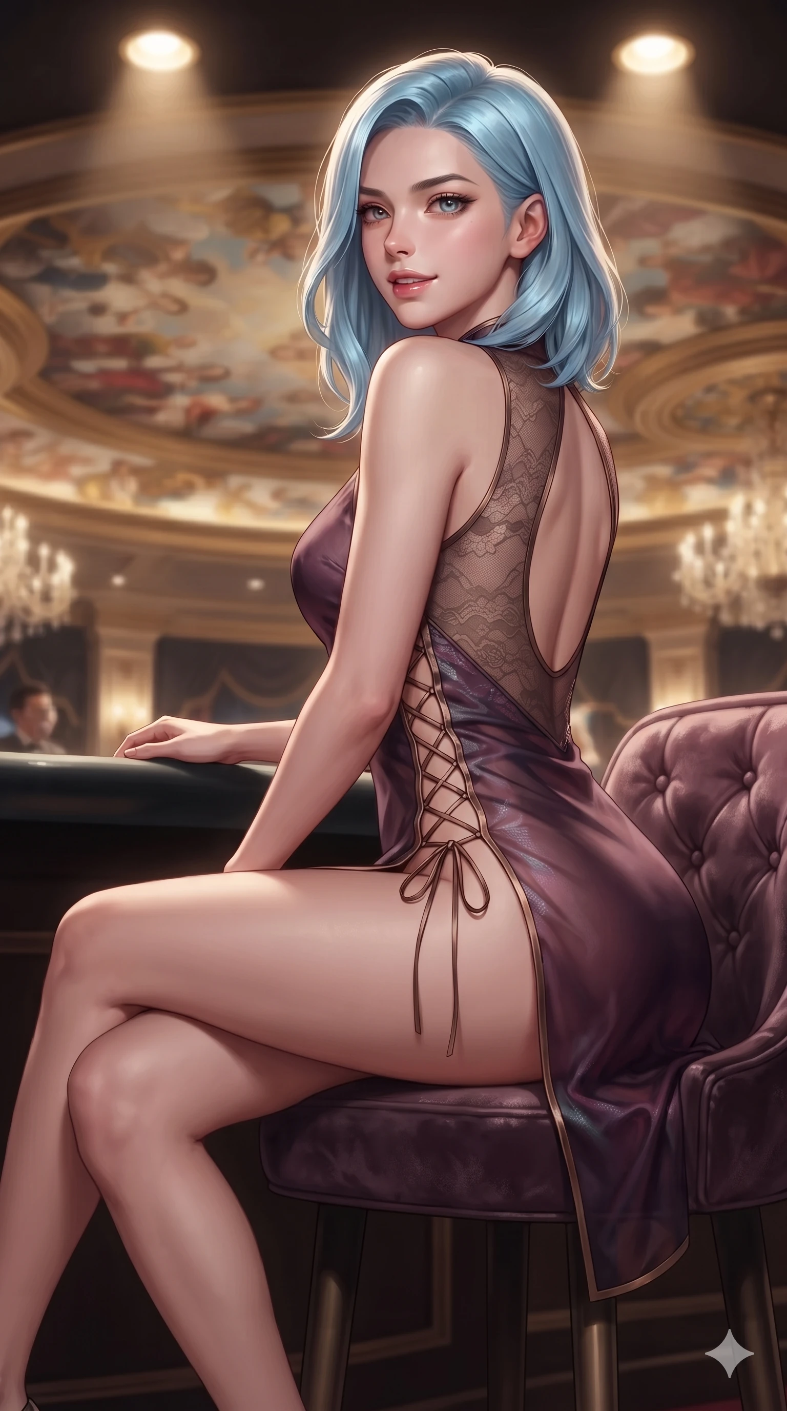 score_9, masterpiece, best quality, ultra-detailed, high-budget anime keyframe, editorial fashion photography, tasteful artistic composition, Korean woman. close-up cowboy shot from the waist and thighs up, the character dominates the composition, filling the frame with her large presence. turning over a bare shoulder with an intoxicating, teasing smile, her soft hair framing her sharp jawline as her hips angle gracefully in a captivating contrapposto while perching gracefully on the velvet-upholstered barstool with legs crossed, arching her back with high-fashion allure under gilded ceiling frescoes. The composition keeps background elements in soft focus with creamy bokeh: glamorous high-roller salon ambience softened in private VIP casino hall shallow focus. She has an exceptionally elegant, slender, and willowy female figure with an ultra-slim waist, flat toned midriff, narrow ribcage, and sculpted feminine hips creating an alluring, slim hourglass silhouette without bulk. sharp v-shaped jawline, high-bridge nose, intricate jewel-like eyes with depth, thick eyelashes, glossy parted lips with a natural sheen, intensely captivating and seductive bedroom-eyes expression, flawlessly proportioned anatomical accuracy, strict slender model proportions, natural body alignment, perfectly sculpted long slender limbs, ultra-slim waistline, clean dynamic posture without body distortion. wearing a modernized cyber-qipao mini dress with an ultra-high side slit ascending to the hip and sheer lace back in deep plum violet and antique bronze, crafted from translucent silk organza with an ethereal crystalline sheen, featuring fine criss-cross lace-up side ties revealing tantalizing glimpses of her hip curve, the precision-cut side openings and low-back scoop framing her graceful spine and the sensual sweep of her slim, toned hips. illuminated by focused warm overhead spotlights sculpting her sculpted clavicle, flat midriff, and rounded hips. ultra-reflective glossy finish, specular highlights, rich textural contrasts, high-contrast stereoscopic depth, volumetric dynamic lighting, 2k, ultra detail, master piece, 9:16 ratio