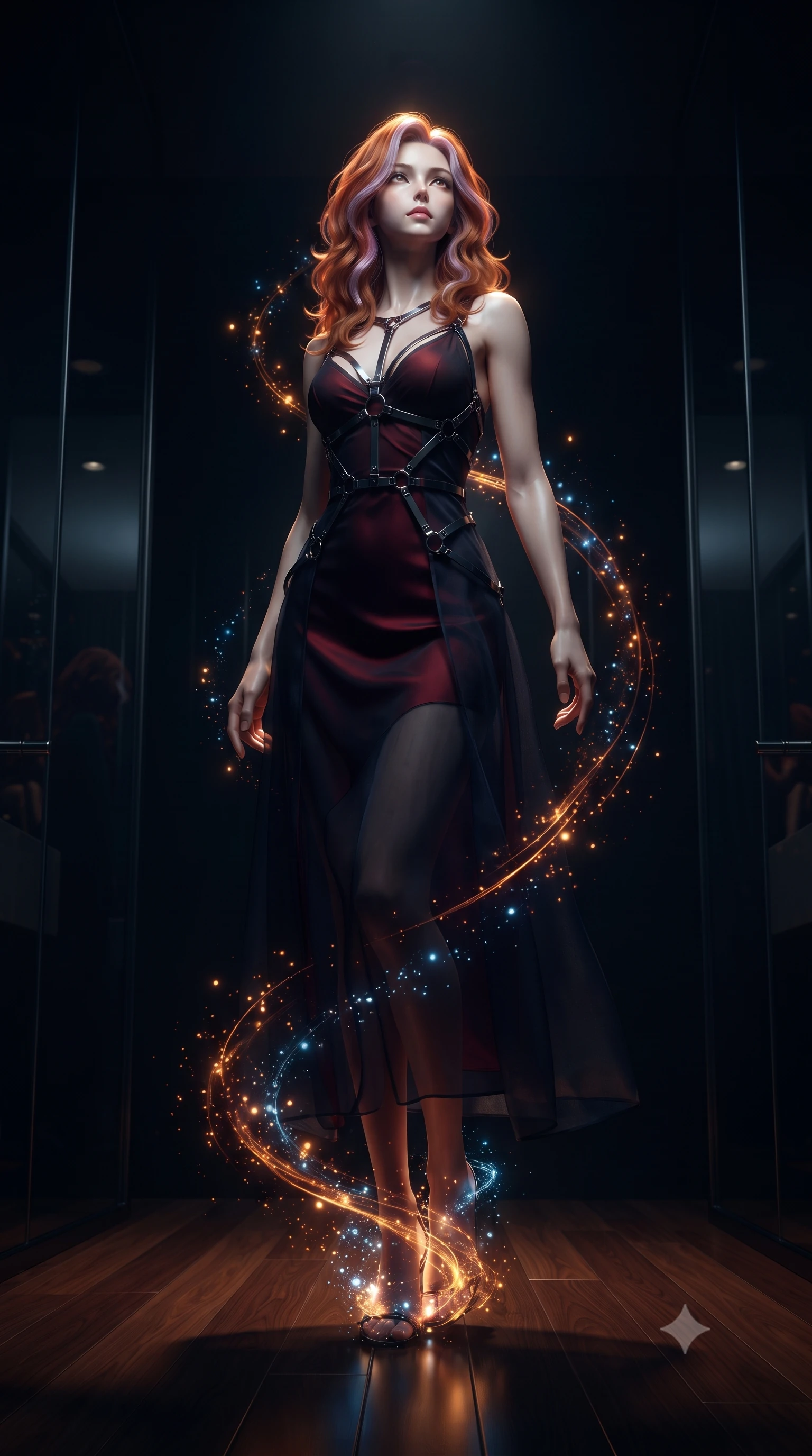 score_9, masterpiece, best quality, ultra-detailed, high-budget anime keyframe, editorial fashion photography, tasteful artistic composition, Caucasian woman. low angle full-body shot from head to toe showing her feet, filling the entire 9:16 vertical frame with her statuesque presence, stretching her vertical silhouette. interacting with glowing light particles, her long slender legs poised in motion, looking up with a magnetic, composed expression from a dark private booth, low amber pendant spotlight casting intense key rays on her chest and shoulders. She has an absolutely perfect, statuesque 8.5-heads proportion, an exceptionally tall and slender model-like female figure with impossibly long slender legs and an ultra-slim waist. sharp v-shaped jawline, high-bridge nose, intricate jewel-like eyes with depth, thick eyelashes, glossy lips with a natural sheen. wearing form-contouring dark crimson liquid silk long slip dress in midnight navy blue, made of sheer dark organza overlay, highlighted by a gunmetal metallic harness structure, highlighting her statuesque proportions and ultra-slim waistline. surrounded by moody chiaroscuro with sharp specular glints on glass and skin. ultra-reflective glossy finish, specular highlights, metallic sheen, high-contrast stereoscopic depth, volumetric dynamic lighting, 2k, ultra detail, master piece, 9:16 ratio