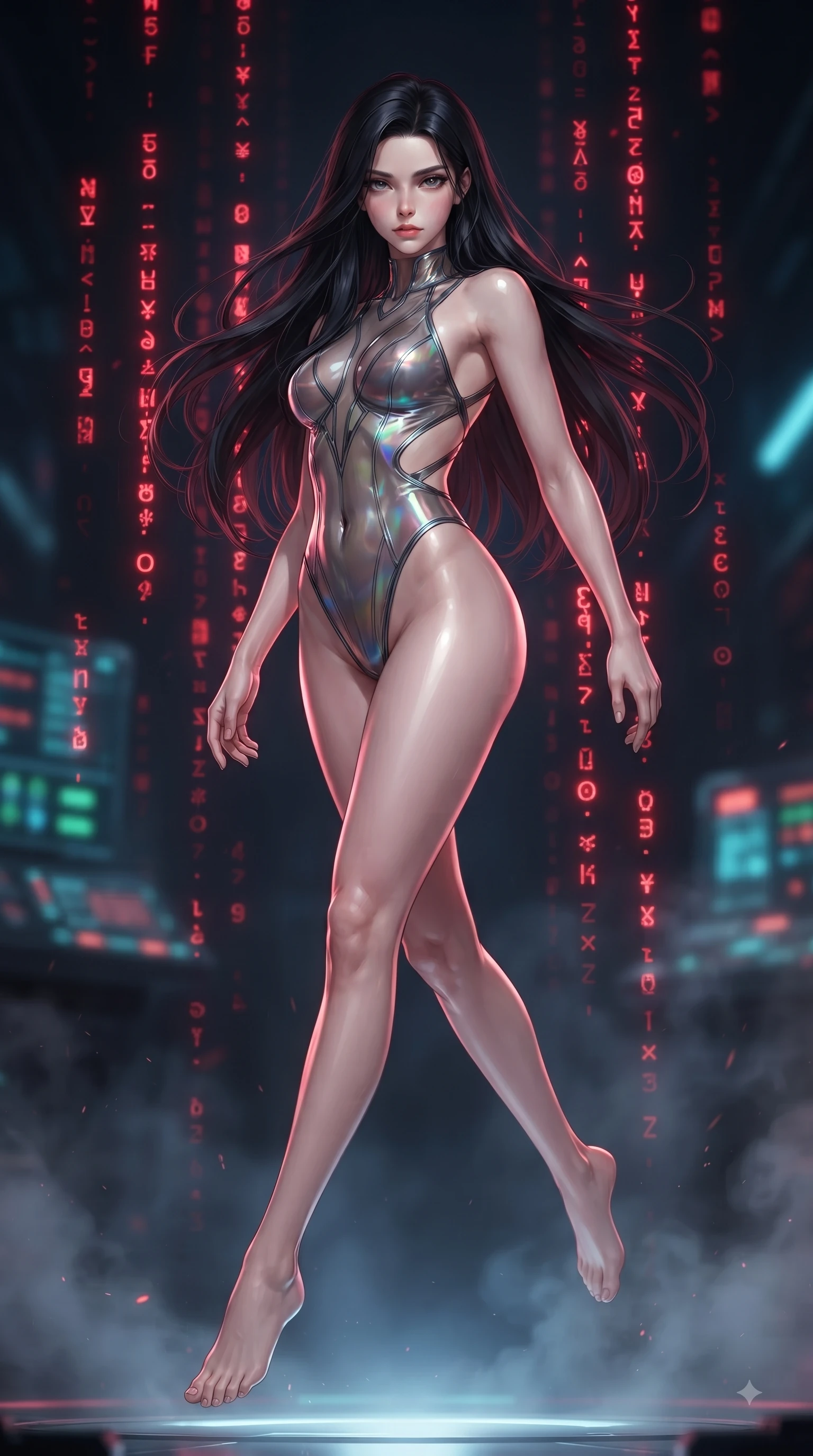 score_9, masterpiece, best quality, ultra-detailed, high-budget anime keyframe, editorial fashion photography, tasteful artistic composition, Korean woman. low angle full-body shot from head to toe showing her feet, filling the entire 9:16 vertical frame with her statuesque presence, stretching her vertical silhouette. performing an alluring mid-air vault with flawless poise, looking directly into the camera with smoldering intensity while stepping down from a high-tech circuit dais as glowing red matrix glyphs cascade around her. The composition keeps background elements in soft focus with creamy bokeh. glowing neon indicators and electronic smoke blurring into a dramatic dark backdrop. She has an absolutely perfect, statuesque 8.5-heads proportion, an exceptionally tall and slender model-like female figure with impossibly long slender legs and an ultra-slim waist. sharp v-shaped jawline, high-bridge nose, intricate jewel-like eyes with depth, thick eyelashes, glossy lips with a natural sheen, flawlessly proportioned anatomical accuracy, natural body alignment, perfectly sculpted elegant limbs, clean dynamic posture without body distortion. wearing a high-cut translucent vinyl leotard with front paneling, exposed side-rib cutouts, and an open back in translucent smoky quartz and iridescent holographic sheen, made of smooth iridescent silk chiffon that shifts colors with movement, complemented by criss-cross back straps highlighting her completely bare spine, the liquid-tight fabric adhering flawlessly to her sculpted torso and slender silhouette. surrounded by a powerful, commanding, and fiercely sensual cybernetic aura. ultra-reflective glossy finish, specular highlights, metallic sheen, high-contrast stereoscopic depth, volumetric dynamic lighting, 2k, ultra detail, master piece, 9:16 ratio