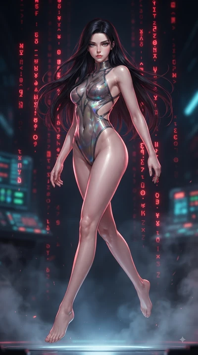 score_9, masterpiece, best quality, ultra-detailed, high-budget anime keyframe, editorial fashion photography, tasteful artistic composition, Korean woman. low angle full-body shot from head to toe showing her feet, filling the entire 9:16 vertical f