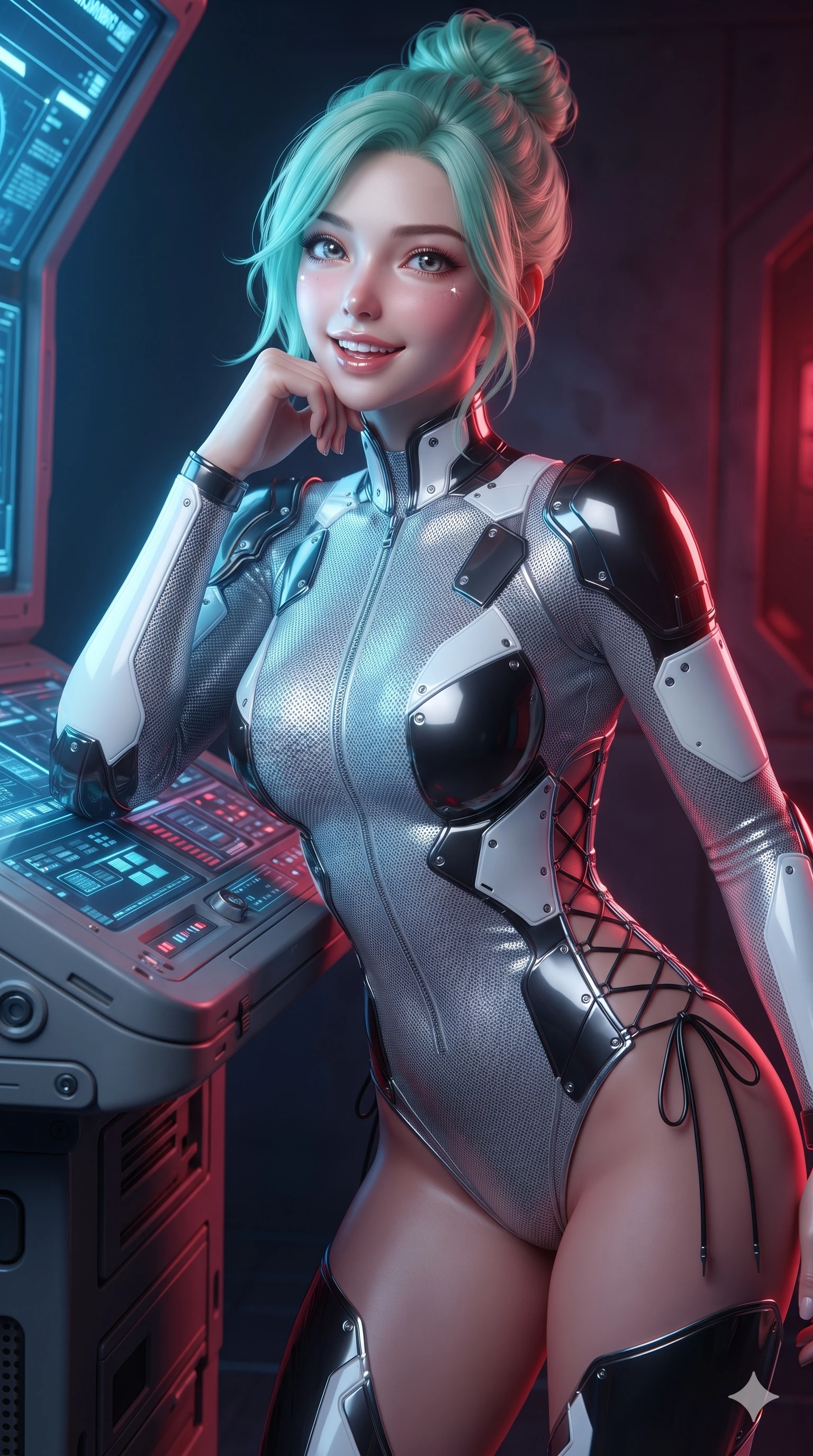 score_9, masterpiece, best quality, ultra-detailed, high-budget anime keyframe, editorial fashion photography, tasteful artistic composition, Japanese woman. close-up cowboy shot from the waist and thighs up, the character dominates the composition, filling the frame with her large presence. resting one elbow on the diagnostic terminal and supporting her chin, leaning close to the camera with parted glossy lips and sparkling eyes while twisting her slender torso in an alluring S-curve, the dramatic split of cool blue relativistic light and warm crimson fire carving her flat midriff and hourglass curves. The surrounding environment is rendered in vivid detail and crisp panoramic clarity: intricate second-skin suit texture, laser-cut ventilation slits, and advanced astrophysical machinery in razor-sharp precision. She has an exceptionally elegant, slender, and willowy female figure with an ultra-slim waist, flat toned midriff, narrow ribcage, and sculpted feminine hips creating an alluring, slim hourglass silhouette without bulk. sharp v-shaped jawline, high-bridge nose, intricate jewel-like sparkling eyes with depth, thick eyelashes, glossy parted lips with a natural sheen, bright confident smile with an enchanting and coquettish sensual glint, exuding both youthful magnetic charm and sovereign high-tech allure, flawlessly proportioned anatomical accuracy, strict slender model proportions, natural body alignment, perfectly sculpted long slender limbs, ultra-slim waistline, clean dynamic posture without body distortion. wearing a form-contouring delicate silver nano-mesh bodysuit with strategically placed chrome armor plate guards covering key curves in dual-tone high-contrast monochrome black and stark white, crafted from stretch micro-mesh with liquid foil coating that shimmers with every movement, featuring fine criss-cross lace-up side ties revealing tantalizing glimpses of her hip curve, the liquid-tight tailored fabric clinging flawlessly to her narrow waist and rounded feminine hips, emphasizing every millimeter of her sculpted slim hourglass curves without any bulky heaviness. illuminated by polished floor bounce and sharp dual cyan-crimson rim lights defining her razor-sharp jawline, narrow waist, and curvy hips. ultra-reflective glossy finish, specular highlights, rich textural contrasts, high-contrast stereoscopic depth, volumetric dynamic lighting, 2k, ultra detail, master piece, 9:16 ratio