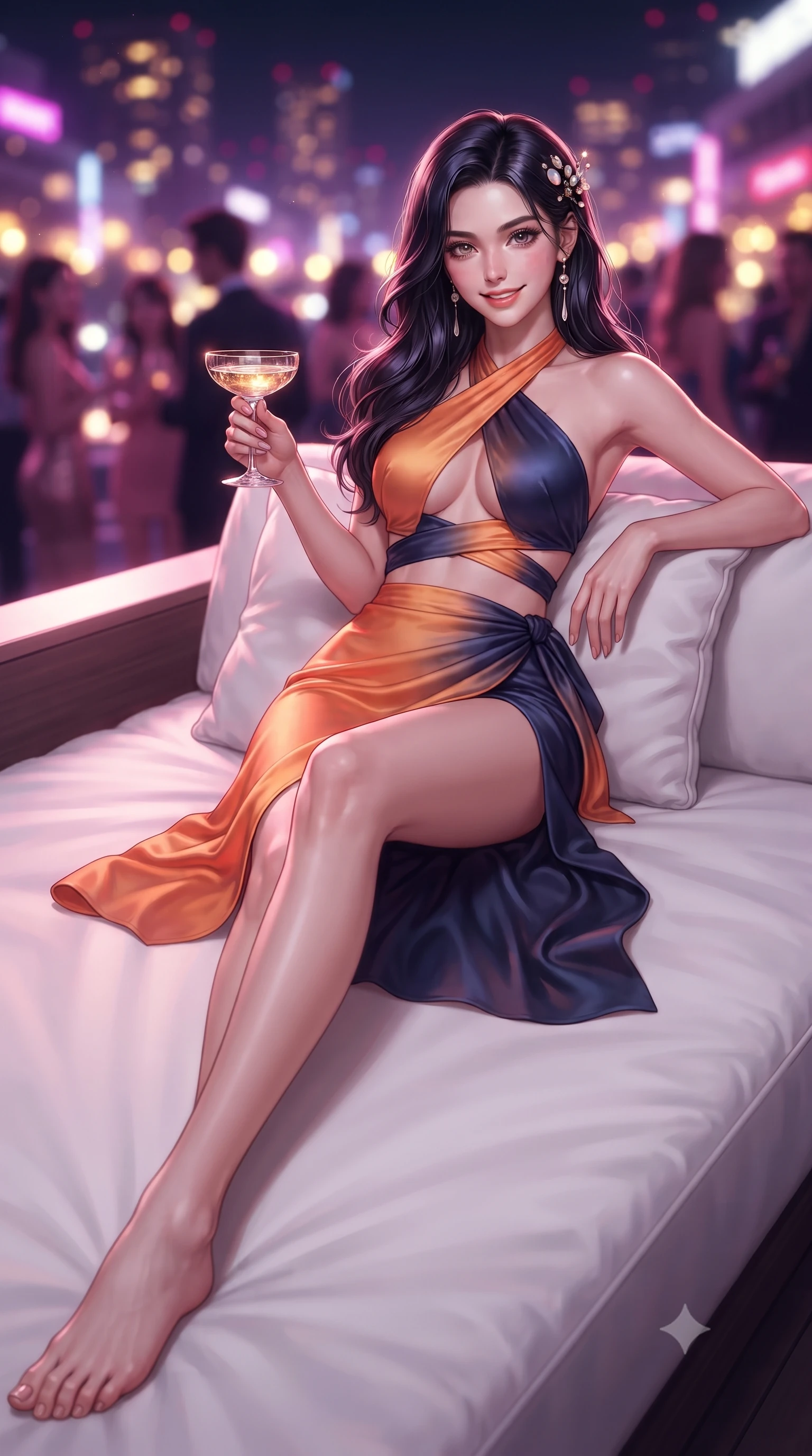 score_9, masterpiece, best quality, ultra-detailed, high-budget anime keyframe, editorial fashion photography, tasteful artistic composition, Caucasian woman. low angle full-body shot from head to toe showing her feet, filling the entire 9:16 vertical frame with her statuesque presence, stretching her vertical silhouette. reclining gracefully across the plush chaise lounge with one leg extended, her sculpted silhouette and flat midriff radiating magnetic nocturnal glamour while lounging gracefully on a plush white outdoor sofa with one knee drawn up, holding a champagne coupe with effortless high-society poise. The background shows a soft-focus the glittering sea of Tokyo city lights, moving nightclub spotlights, and chic patrons blurred into magenta, gold, and violet bokeh. She has an absolutely perfect, statuesque 8.5-heads proportion, an exceptionally tall and slender model-like female figure with impossibly long slender legs, an ultra-slim waist, a flat toned midriff, narrow delicate ribcage, and beautifully sculpted feminine hips creating a graceful, slim hourglass silhouette without any bulky heaviness. sharp v-shaped jawline, high-bridge nose, sparkling eyes with hypnotic seductive depth, thick curled eyelashes, glossy parted lips with a natural dewy peach sheen, alluring bedroom-eyes with an enchanting coquettish smile, exuding magnetic siren charisma and sophisticated glamour, flawlessly proportioned anatomical accuracy, strict slender model proportions, natural body alignment, perfectly sculpted long slender limbs, ultra-slim waistline, clean dynamic posture without body distortion. wearing a high-waisted silk wrap sarong skirt with a hip-high slit paired with a plunging criss-cross satin halter top in sunset tangerine orange and deep navy indigo, crafted from fluid liquid silk satin that clings smoothly to every curve with a dewy sheen, finished with delicate mother-of-pearl hairpin ornaments glinting in her dark glossy hair, the liquid-tight tailored fabric clinging flawlessly to her narrow waist and rounded feminine hips, emphasizing every millimeter of her sculpted slim hourglass curves without any bulky heaviness. illuminated by glowing bar surface bounce and sharp magenta-gold rim lights sculpting her jawline, flat midriff, and curvaceous hips. ultra-reflective glossy finish, specular highlights, rich textural contrasts, high-contrast stereoscopic depth, volumetric dynamic lighting, 2k, ultra detail, master piece, 9:16 ratio