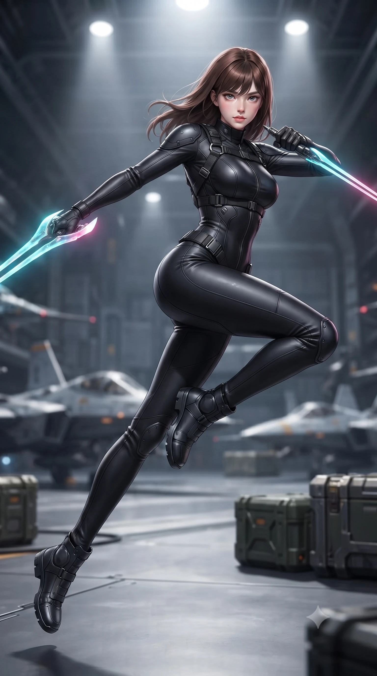 score_9, masterpiece, best quality, ultra-detailed, high-budget anime keyframe, editorial fashion photography, tasteful artistic composition, Korean woman. low angle full-body shot from head to toe showing her feet, filling the entire 9:16 vertical frame with her statuesque presence, stretching her vertical silhouette. leaping forward while slashing with a twin-bladed plasma sword in mid-air, her body-contouring suit showing her athletic silhouette, the background shows a soft-focus a citadel hangar bay with parked fighter spacecrafts and cargo crates. She has an absolutely perfect, statuesque 8.5-heads proportion, an exceptionally tall and slender model-like female figure with impossibly long slender legs and an ultra-slim waist. sharp v-shaped jawline, high-bridge nose, intricate jewel-like eyes with depth, thick eyelashes, glossy lips with a natural sheen. wearing a body-hugging body-hugging high-neck flight deck jumpsuit in matte black, contouring her athletic, slender build. focused overhead white spotlights highlighting metallic textures on her gear. ultra-reflective glossy finish, specular highlights, metallic sheen, high-contrast stereoscopic depth, volumetric dynamic lighting, 2k, ultra detail, master piece, 9:16 ratio