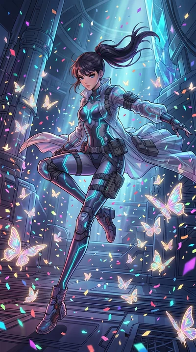score_9, masterpiece, best quality, ultra-detailed, high-budget anime movie keyframe, cinematic anime lighting, intricate line art, Japanese woman. Low angle cowboy shot capturing a powerful motion and statuesque presence. spinning in a rain of confe