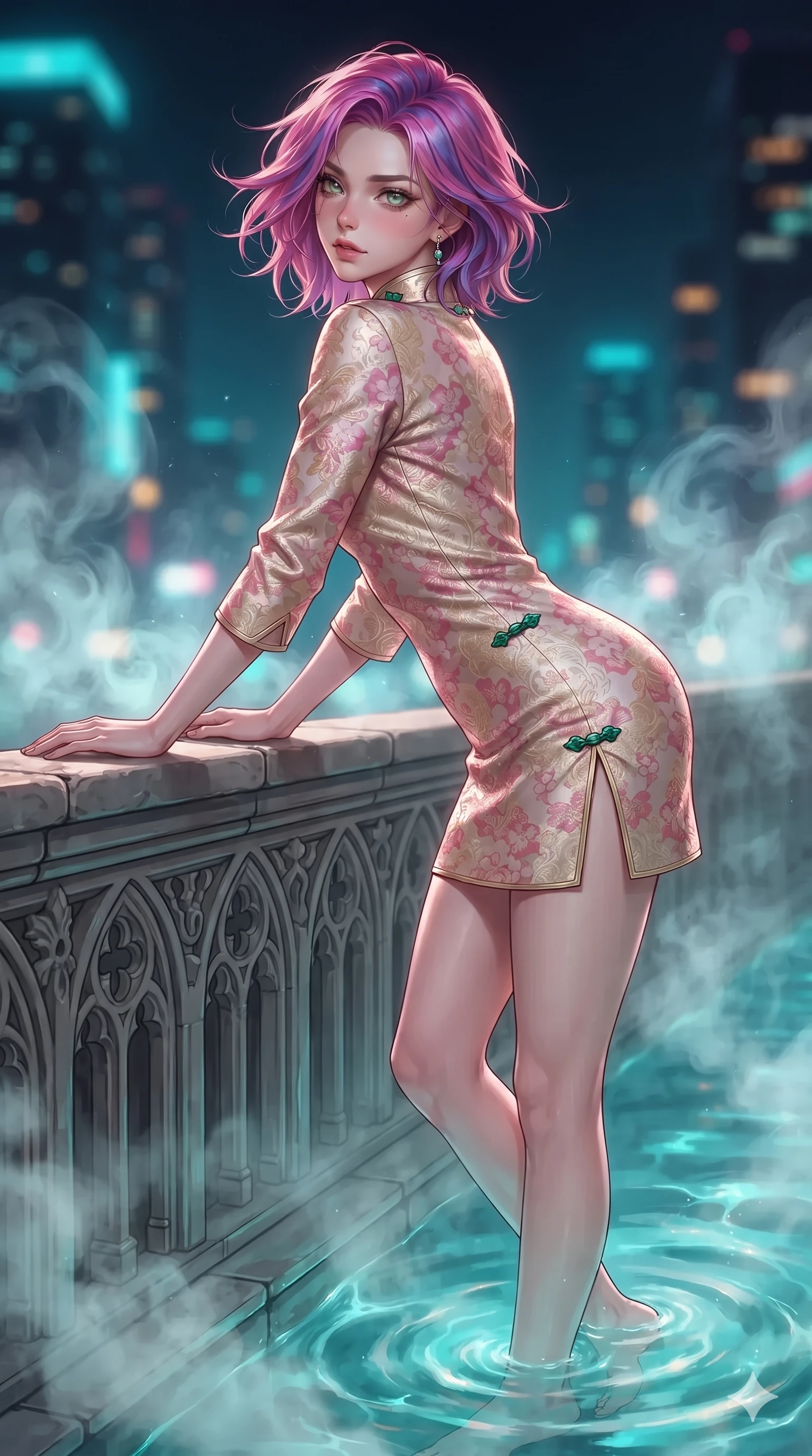 score_9, masterpiece, best quality, ultra-detailed, high-budget anime keyframe, editorial fashion photography, tasteful artistic composition, Caucasian woman. close-up cowboy shot from the waist and thighs up, the character dominates the composition, filling the frame with her large presence. leaning forward over the carved stone gothic balustrade, looking back with sleepy seductive bedroom-eyes as water reflections dance across her silhouette while standing poised ankle-deep in the steaming mineral water at the edge of the infinity pool, arching her lower back with sovereign supermodel grace overlooking the neon metropolis. The background shows a soft-focus swirling white geothermal steam plumes, glowing turquoise thermal water, and distant illuminated skyscrapers blurred into turquoise, amber, and midnight obsidian bokeh. She has an exceptionally elegant, slender, and willowy female figure with an ultra-slim waist, flat toned midriff, narrow ribcage, and sculpted feminine hips creating an alluring, slim hourglass silhouette without bulk. sharp v-shaped jawline, high-bridge nose, intricate jewel-like sparkling eyes with depth, thick eyelashes, glossy parted lips with a natural sheen, intensely captivating and seductive bedroom-eyes expression, exuding both youthful cute charm and sovereign luxury allure, flawlessly proportioned anatomical accuracy, strict slender model proportions, natural body alignment, perfectly sculpted long slender limbs, ultra-slim waistline, clean dynamic posture without body distortion. wearing an aristocratic gold-leaf jacquard brocade shift dress with high boat neckline and elegant bracelet sleeves in sakura blossom pink and warm ivory, woven from high-density tech-wool with subtle metallic thread weave, finished with sleek jade frog closures glinting along her high collar, the impeccably tailored cut draping gracefully along her slender figure with aristocratic poise. illuminated by water surface ripple reflections and sharp turquoise-amber rim lights carving her sculpted collarbones, ultra-slim waist, and curvy hips. ultra-reflective glossy finish, specular highlights, rich textural contrasts, high-contrast stereoscopic depth, volumetric dynamic lighting, 2k, ultra detail, master piece, 9:16 ratio