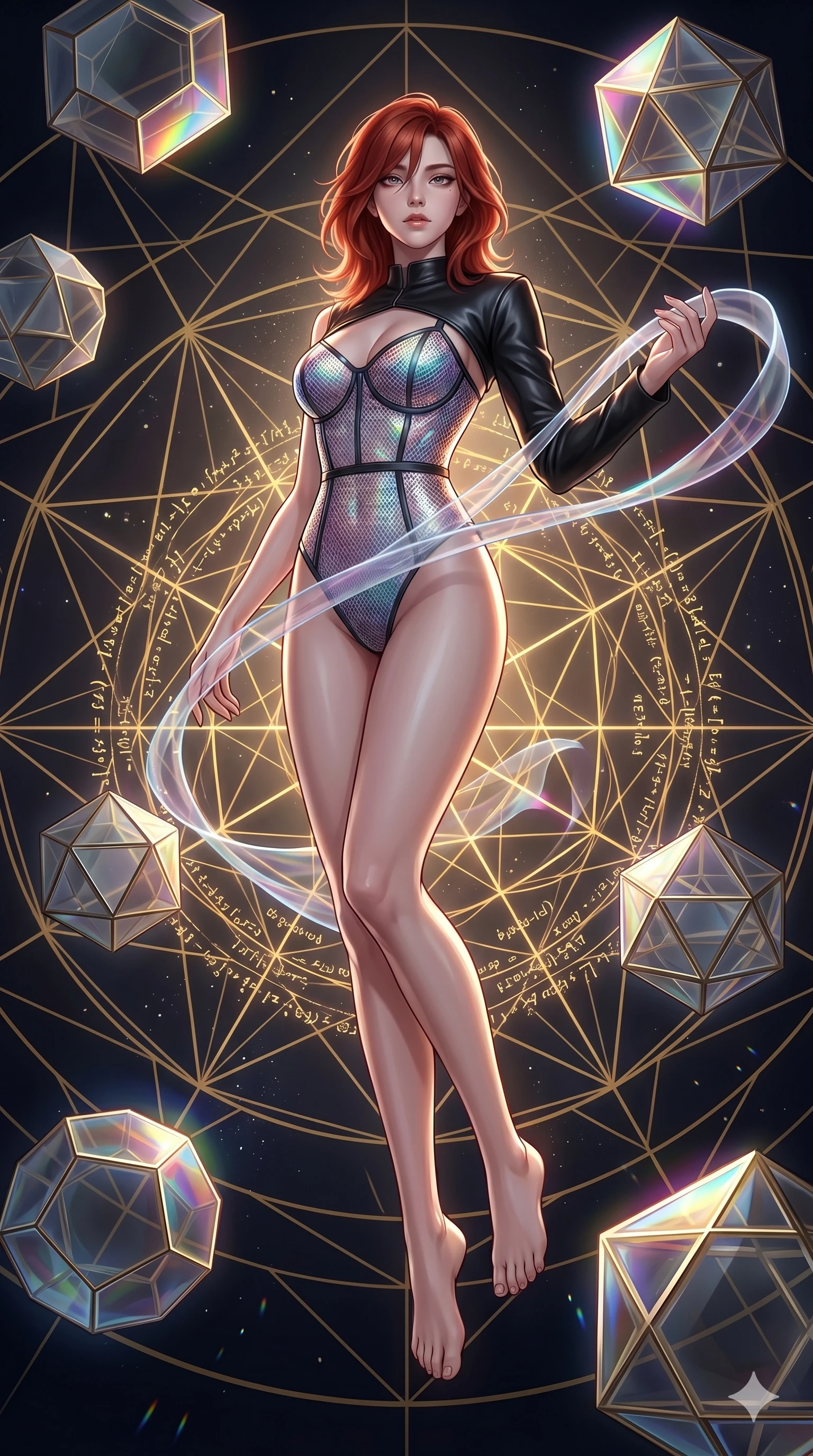 score_9, masterpiece, best quality, ultra-detailed, high-budget anime keyframe, Korean woman. low angle full-body shot filling the entire 9:16 frame with her statuesque presence, stretching the vertical silhouette. floating gracefully in a mathematical mandala void filled with golden geometric lines of complex formulas, holding a translucent ribbon as she glides between floating regular polyhedrons. She has an absolutely perfect 8-heads proportion, an exceptionally tall and slender female figure with impossibly long slender legs and an ultra-slim waist. V-shaped jawline, high-bridge nose, intricate jewel-like eyes with depth, thick eyelashes, glossy lips with a natural sheen.. wearing a structured iridescent mesh fashion top, a cropped single-sleeve black leather shrug for a bold stage look. illuminated by dramatic chiaroscuro casting soft shadows along her elegant contours, with vibrant backlighting highlighting the dust particles. 2k, ultra detail, master piece, 9:16 ratio
