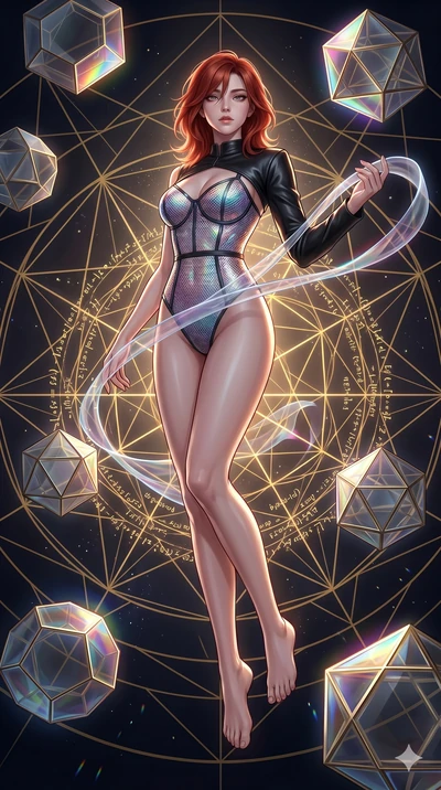 score_9, masterpiece, best quality, ultra-detailed, high-budget anime keyframe, Korean woman. low angle full-body shot filling the entire 9:16 frame with her statuesque presence, stretching the vertical silhouette. floating gracefully in a mathematic