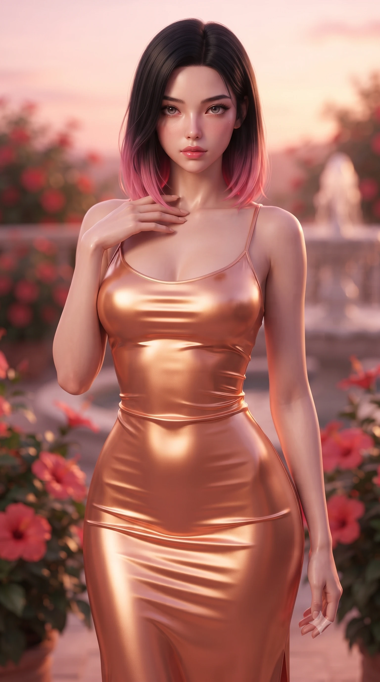 score_9, masterpiece, best quality, ultra-detailed, high-budget anime keyframe, editorial fashion photography, tasteful artistic composition, Korean woman woman. close-up cowboy shot from the waist and thighs up, the character dominates the composition, filling the frame with her large presence, background elements kept in soft focus. standing with one hand resting on her collarbone, looking at the viewer with bedroom-eyes the background shows a soft-focus a secluded terrace surrounded by blooming red hibiscus and soft water fountains. She has an exceptionally elegant, slender, and willowy female figure with an ultra-slim waist, a gracefully sculpted slender torso, and a refined silhouette. sharp v-shaped jawline, high-bridge nose, intricate jewel-like eyes with depth, thick eyelashes, glossy lips with a natural sheen. wearing a slim-fit body-hugging liquid silk slip dress in sunset gold, clinging to her slender waist and hips. soft sunset light bathing the terrace in a warm pink and orange wash. ultra-reflective glossy finish, specular highlights, metallic sheen, high-contrast stereoscopic depth, volumetric dynamic lighting, 2k, ultra detail, master piece, 9:16 ratio