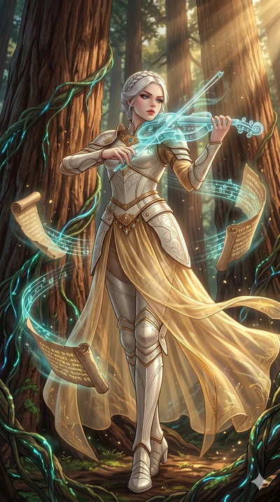 score_9, masterpiece, best quality, ultra-detailed, Set A: High-budget Anime Keyframe, Korean woman. Low angle cowboy shot filling the entire 9:16 frame with her statuesque presence. Theme: Primal Nature. playing a holographic violin in a giant redwo