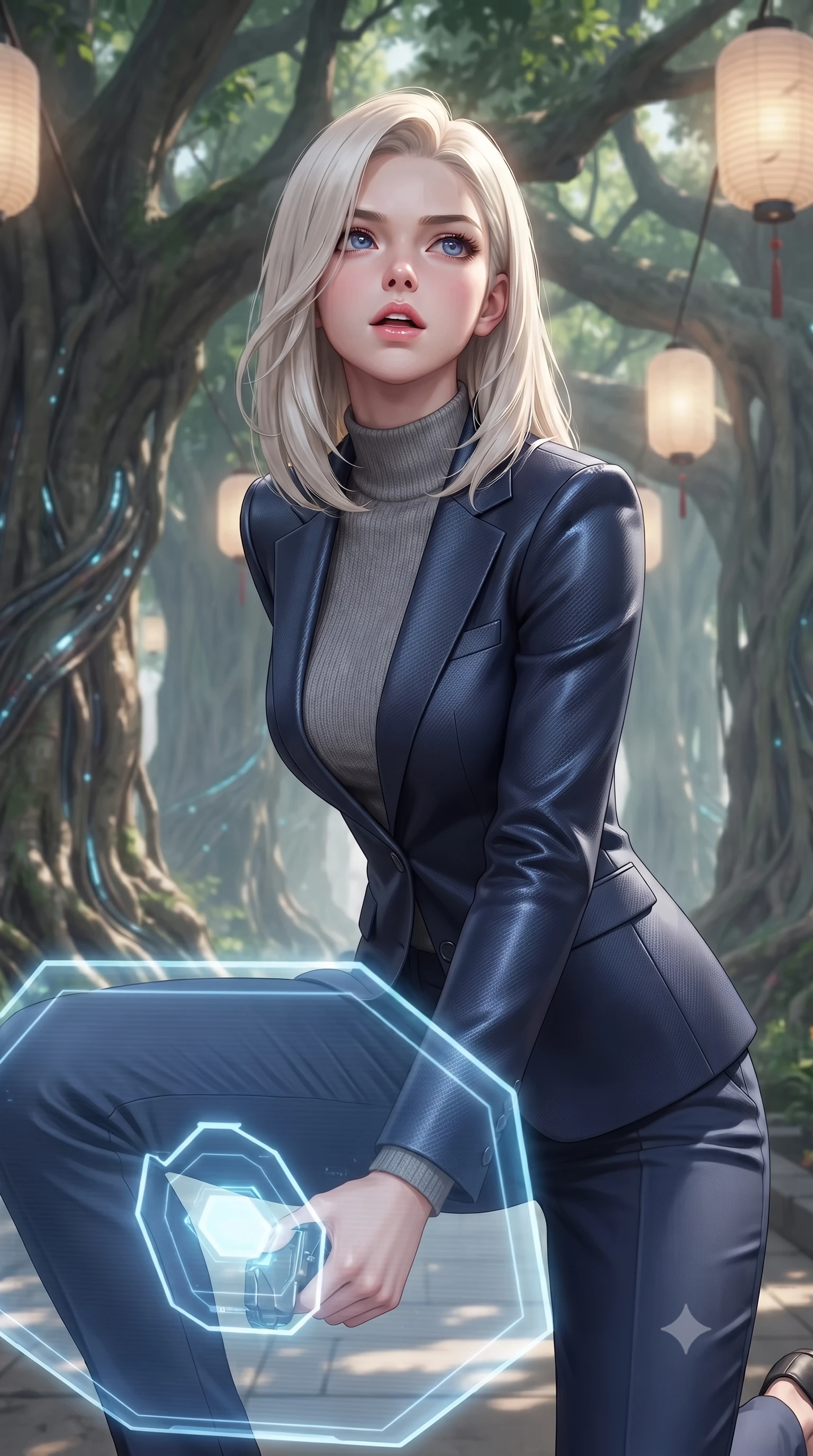 score_9, masterpiece, best quality, ultra-detailed, high-budget anime keyframe, editorial fashion photography, tasteful artistic composition, Caucasian woman. close-up cowboy shot from the waist and thighs up, the character dominates the composition, filling the frame with her large presence, background elements kept in soft focus. crouching slightly behind a glowing holographic shield emitter, looking up with defiance and lips slightly parted, the background shows a soft-focus a banyan tree corridor with paper lanterns hanging from thick cyber-roots. She has an exceptionally elegant, slender, and willowy female figure with an ultra-slim waist, a gracefully sculpted slender torso, and a refined silhouette. sharp v-shaped jawline, high-bridge nose, intricate jewel-like eyes with depth, thick eyelashes, glossy lips with a natural sheen. wearing a body-hugging tailored carbon-fiber reinforced blazer in navy blue, worn closed over a high-neck grey knit top and slacks. crisp morning sunlight casting sharp, clean shadows across the paper lanterns. ultra-reflective glossy finish, specular highlights, metallic sheen, high-contrast stereoscopic depth, volumetric dynamic lighting, 2k, ultra detail, master piece, 9:16 ratio