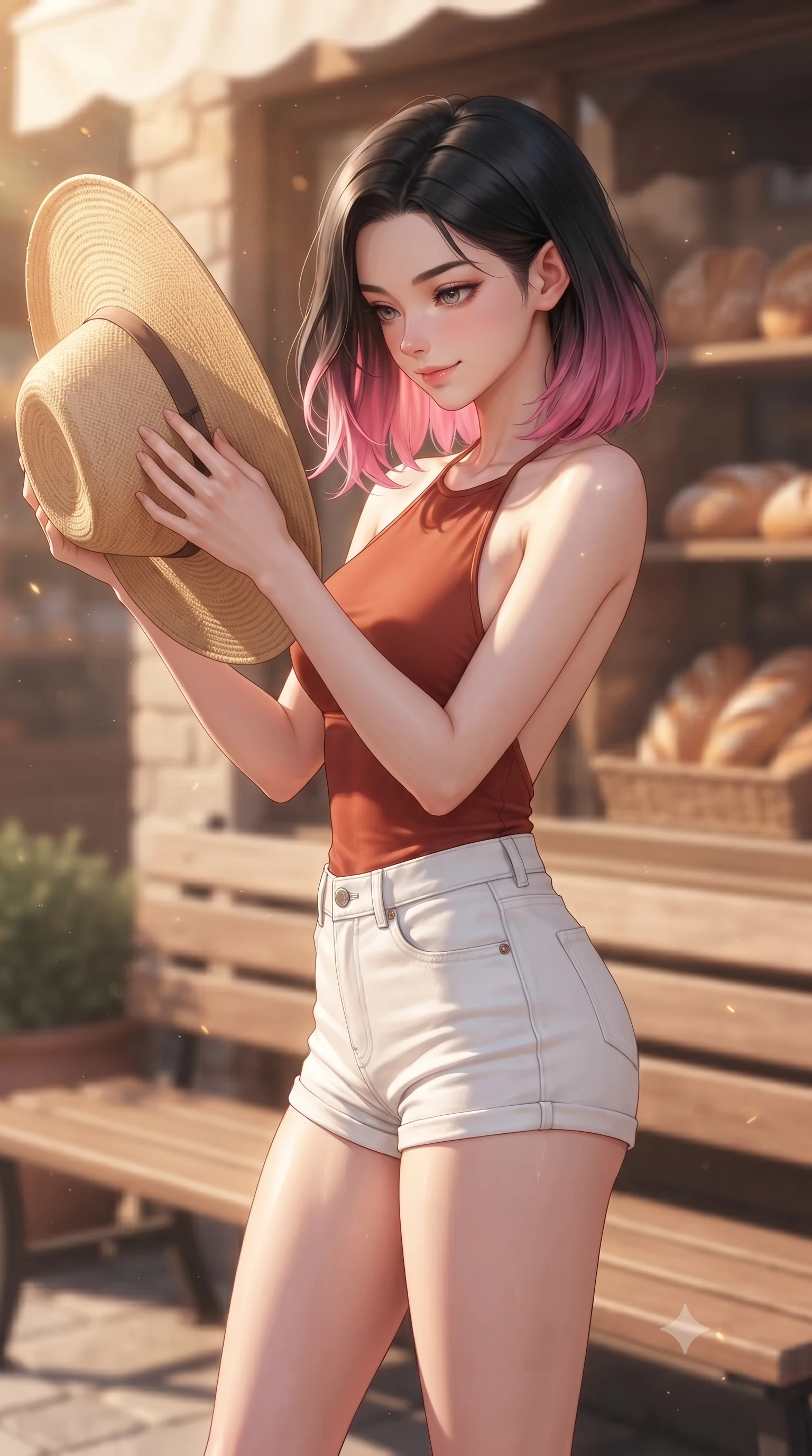 score_9, masterpiece, best quality, ultra-detailed, high-budget anime keyframe, editorial fashion photography, tasteful artistic composition, Korean woman woman. close-up cowboy shot from the waist and thighs up, the character dominates the composition, filling the frame with her large presence, background elements kept in soft focus. holding a wide-brimmed straw hat with both hands against the breeze, looking down with a soft smile the background shows a soft-focus a wooden bench outside a cozy bakery, with the scent of fresh bread in the soft focus air. She has an exceptionally elegant, slender, and willowy female figure with an ultra-slim waist, a gracefully sculpted slender torso, and a refined silhouette. sharp v-shaped jawline, high-bridge nose, intricate jewel-like eyes with depth, thick eyelashes, glossy lips with a natural sheen. wearing a body-hugging backless halter top in terracotta red, paired with white denim micro-shorts. warm morning sunbeams casting a cozy amber glow. ultra-reflective glossy finish, specular highlights, metallic sheen, high-contrast stereoscopic depth, volumetric dynamic lighting, 2k, ultra detail, master piece, 9:16 ratio