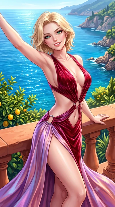 score_9, masterpiece, best quality, ultra-detailed, high-budget anime keyframe, semi-realistic 3D game render, editorial fashion photography, tasteful artistic composition, Caucasian woman. close-up cowboy shot from the waist and thighs up, the chara