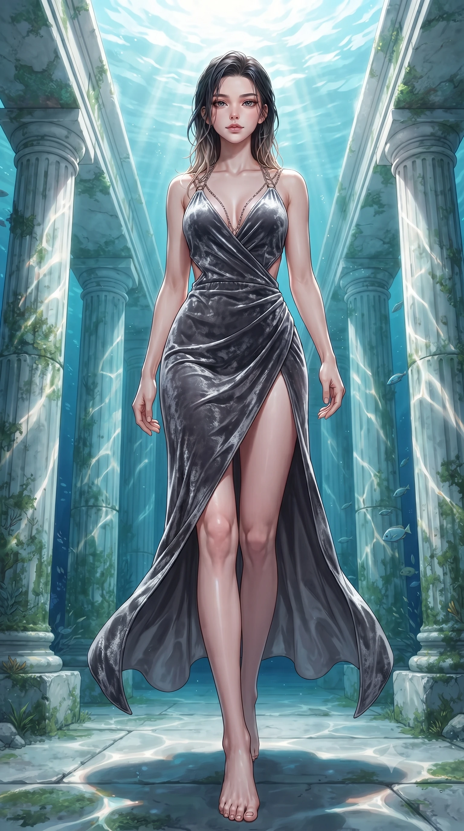 score_9, masterpiece, best quality, ultra-detailed, high-budget anime keyframe, editorial fashion photography, tasteful artistic composition, Korean woman. low angle full-body shot from head to toe showing her feet, filling the entire 9:16 vertical frame with her statuesque presence, stretching her vertical silhouette. stepping forward with proud posture, filling the vertical frame with her magnetic presence floating gracefully through a sunken white marble colonnade underwater, shimmering water reflections dancing dynamically across the marble walls. She has an absolutely perfect, statuesque 8.5-heads proportion, an exceptionally tall and slender model-like female figure with impossibly long slender legs and an ultra-slim waist. sharp v-shaped jawline, high-bridge nose, intricate jewel-like eyes with depth, thick eyelashes, glossy lips with a natural sheen. wearing a backless crushed velvet gown with a deep V-neckline and high thigh slit in charcoal grey and platinum, made of premium stretch velvet with a rich sheen, adorned with delicate metallic chain straps along the neckline, the elegant draped fit framing her graceful clavicle and slender torso. lit by clear sun-drenched sea light with soft ethereal shadows. highly saturated vibrant anime colors, detailed shading with soft gradients, rich glossy textures, high-contrast stereoscopic depth, volumetric dynamic lighting, master piece, 9:16 ratio