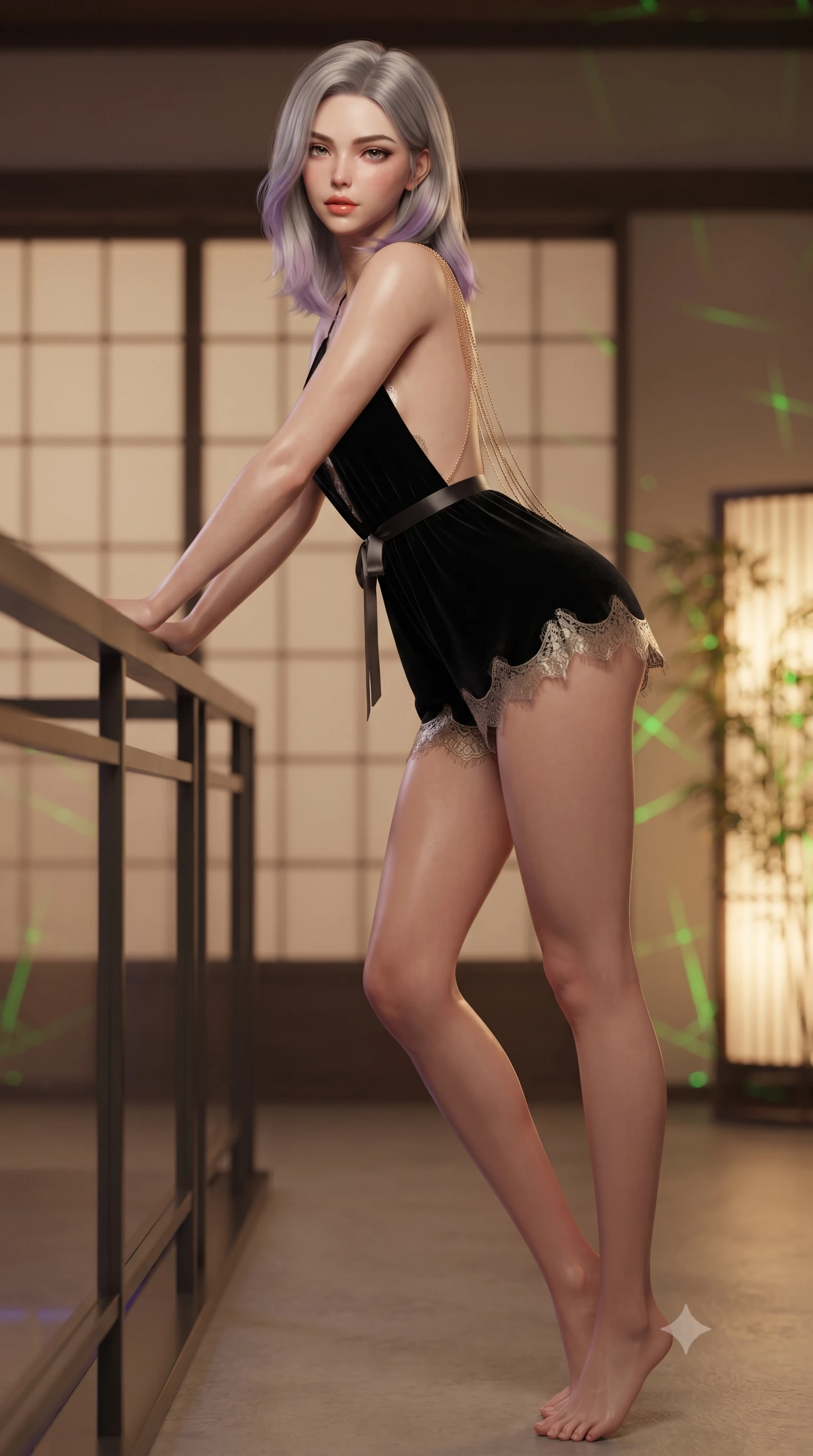 score_9, masterpiece, best quality, ultra-detailed, high-budget anime keyframe, editorial fashion photography, tasteful artistic composition, Caucasian woman. low angle full-body shot from head to toe showing her feet, filling the entire 9:16 vertical frame with her statuesque presence, stretching her vertical silhouette. leaning deep against the balcony balustrade with hips cocked back in an unapologetically alluring high-fashion stance, casting an intoxicating glance while standing poised beside the illuminated laser bamboo privacy screen with hips cocked back, casting an intoxicating, heavy-lidded bedroom-gaze. The background shows a soft-focus minimalist sliding shoji screens softened in neo-oriental cyberpunk shallow focus. She has an absolutely perfect, statuesque 8.5-heads proportion, an exceptionally tall and slender model-like female figure with impossibly long slender legs, an ultra-slim waist, a flat toned midriff, narrow delicate ribcage, and beautifully sculpted feminine hips creating a graceful, slim hourglass silhouette without any bulky heaviness. sharp v-shaped jawline, high-bridge nose, sparkling eyes with hypnotic seductive depth, thick curled eyelashes, glossy parted lips with a natural dewy peach sheen, alluring bedroom-eyes with an enchanting coquettish smile, exuding magnetic siren charisma and sophisticated glamour, flawlessly proportioned anatomical accuracy, strict slender model proportions, natural body alignment, perfectly sculpted long slender limbs, ultra-slim waistline, clean dynamic posture without body distortion. wearing a plunge-neck stretch velvet romper with scalloped eyelash-lace hems and a cinched waist ribbon in midnight obsidian black and liquid champagne gold, woven from buttery-soft stretch lambskin leather adhering to her body like a second skin, accented with an open-back drape framed by falling strands of delicate gold chains, the second-skin tailored fabric adhering flawlessly to her sculpted flat midriff and slender torso, emphasizing her long leg lines and perfectly proportioned willowy build. bathed in warm 2800K tea table downlighting mixed with vibrant green laser lattice accents and exterior neon fill. ultra-reflective glossy finish, specular highlights, rich textural contrasts, high-contrast stereoscopic depth, volumetric dynamic lighting, 2k, ultra detail, master piece, 9:16 ratio