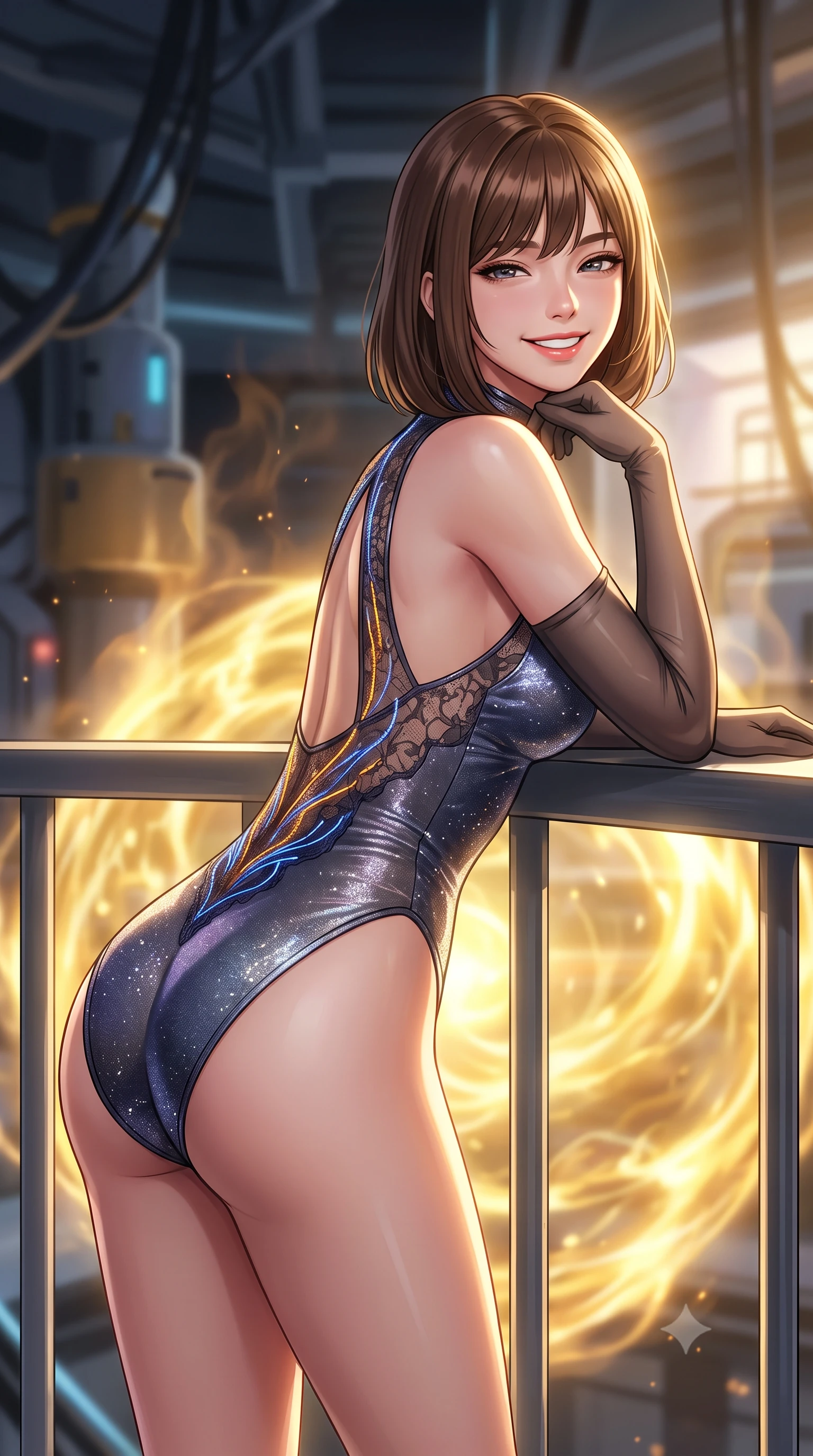 score_9, masterpiece, best quality, ultra-detailed, high-budget anime keyframe, semi-realistic 3D game render, editorial fashion photography, tasteful artistic composition, Korean woman. close-up cowboy shot from the waist and thighs up, the character dominates the composition, filling the frame with her large presence. resting one elbow on the table and supporting her chin, leaning close to the camera with heavy-lidded sparkling eyes and parted lips while standing poised on the suspended magnetic bridge over the swirling sphere of golden magnetic plasma, arching her spine with breathtaking anime heroine allure. The background shows a soft-focus plasma heat haze softened in futuristic quantum fusion facility shallow focus. She has an exceptionally elegant, slender, and willowy female figure with an ultra-slim waist, flat toned midriff, narrow ribcage, and sculpted feminine hips creating an alluring, slim hourglass silhouette without bulk. sharp v-shaped jawline, high-bridge nose, intricate jewel-like sparkling eyes with depth, thick eyelashes, glossy parted lips with a natural peach sheen, bright cheerful beaming smile with an enchanting and coquettish sensual glint, exuding both youthful cute charm and seductive allure, flawlessly proportioned anatomical accuracy, strict slender model proportions, natural body alignment, perfectly sculpted long slender limbs, ultra-slim waistline, clean dynamic posture without body distortion. wearing an alluring backless sheer lace combat leotard with high-cut leg openings and delicate fiber-optic embroidery framing her spine in Jovian storm amber and electric cobalt, woven from stretch metallic lurex jersey casting radiant starlight glints across her curves, complemented by sheer opera-length evening gloves tracing her slender arms, the glove-like clinging cut tightly following the natural contour of her hips and long slender legs with youthful 8.5-heads elegance. illuminated by gantry reflection bounce and sharp sunburst-gold rim lights defining her jawline, narrow waist, and curvy hips. highly saturated vibrant anime colors, detailed shading with soft gradients, rich glossy textures, high-contrast stereoscopic depth, volumetric dynamic lighting, master piece, 9:16 ratio