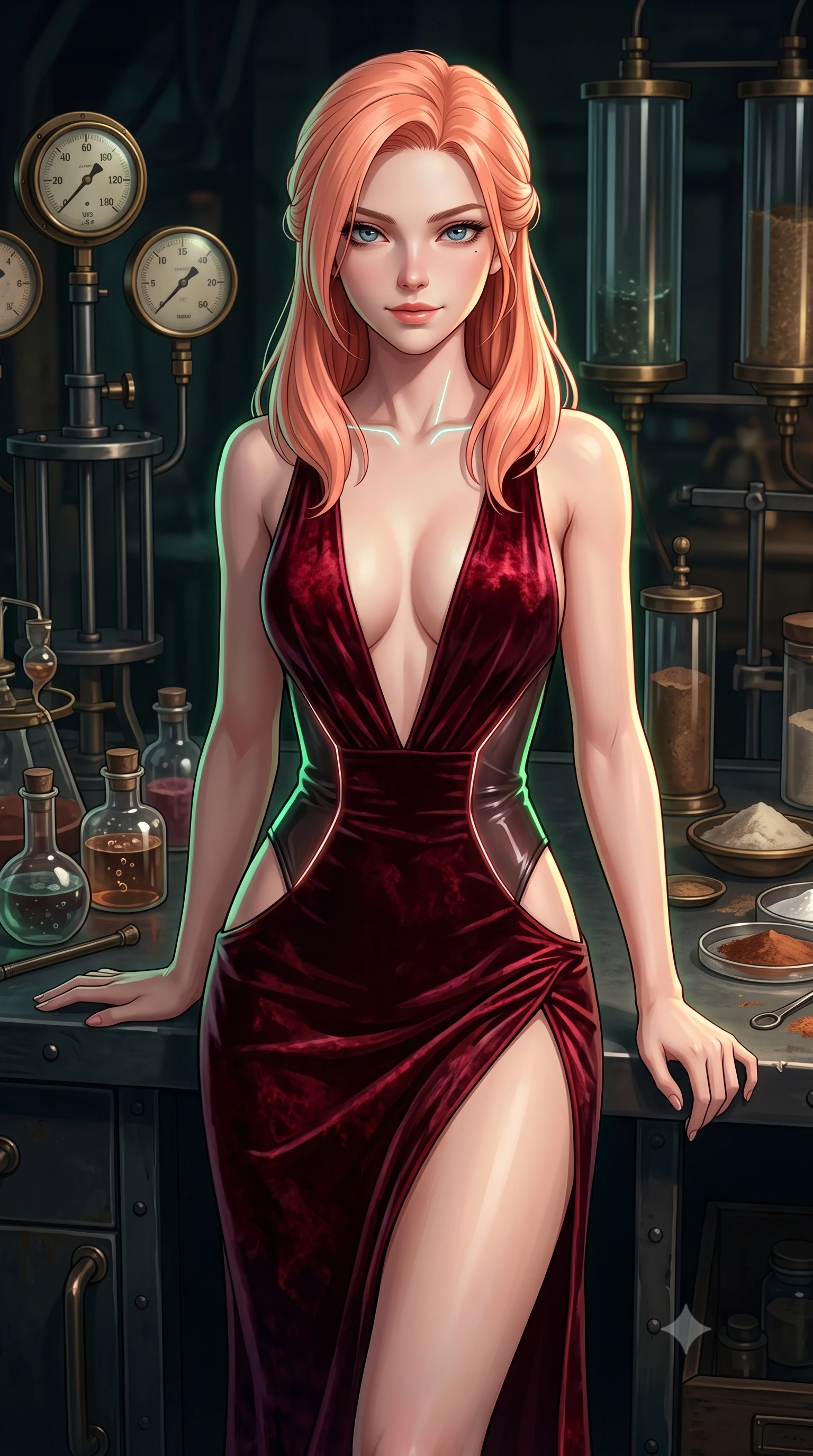 score_9, masterpiece, best quality, ultra-detailed, high-budget anime keyframe, semi-realistic 3D game render, editorial fashion photography, tasteful artistic composition, Japanese woman. close-up cowboy shot from the waist and thighs up, the character dominates the composition, filling the frame with her large presence. gazing directly into the lens with bedroom eyes and a breathtaking, dangerous allure that commands the entire dark composition while leaning against a dark metal workbench strewn with antique alchemical vials with an intelligent, tempting smile. The surrounding environment is rendered in vivid detail and crisp panoramic clarity. intricate brass gauge dials, glass cylinder reflections, and bubbling liquid textures in deep focus. She has an exceptionally elegant, slender, and willowy female figure with an ultra-slim waist, a gracefully sculpted slender torso, toned flat midriff, and a refined slim silhouette. sharp v-shaped jawline, high-bridge nose, intricate jewel-like eyes with depth, thick eyelashes, glossy lips with a natural sheen, flawlessly proportioned anatomical accuracy, strict slender model proportions, natural body alignment, perfectly sculpted long slender limbs, ultra-slim waistline, clean dynamic posture without body distortion. wearing a backless deep blood-crimson crushed velvet gown with a deep plunging V-neckline, strategic hip cutouts, and an ultra-high thigh slit in shadowy asphalt black and subtle neon red edges, tailored from semi-translucent dark cybernetic vinyl with subtle glowing micro-filaments, accented with glowing fiber-optic seams tracing her collarbones and hip curves in the gloom, the liquid-tight tailored fabric emphasizing every curve of her tall, slender model proportions and sculptured silhouette during dynamic movement. illuminated by crisp green rim highlights outlining her ultra-slim waist and sculpted silhouette. rich saturated anime colors with deep moody shadows, detailed chiaroscuro shading with soft gradients, rich glossy textures, high-contrast stereoscopic depth, volumetric dynamic shadow lighting, master piece, 9:16 ratio
