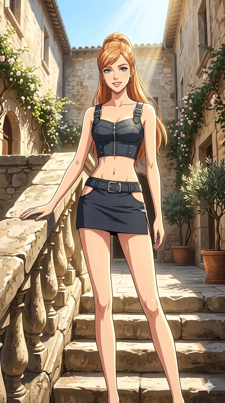 score_9, masterpiece, best quality, ultra-detailed, high-budget anime keyframe, editorial fashion photography, tasteful artistic composition, Caucasian woman, strictly human ears. cowboy shot from the thighs up, character and outfit filling the frame for maximum editorial presence. posing with bright, confident self-assurance, one hand on the stone railing standing on a stone staircase in a sunny historic courtyard. She has an absolutely perfect 8-heads proportion, an exceptionally tall and slender female figure with impossibly long slender legs and an ultra-slim waist. V-shaped jawline, high-bridge nose, intricate jewel-like eyes with depth, thick eyelashes, glossy lips with a natural sheen. wearing a structured crop top with chrome hardware and a matching micro-length skirt with side cuts. drenched in brilliant midday sunshine casting sharp, warm rays on her figure. 2k, ultra detail, master piece, 9:16 ratio