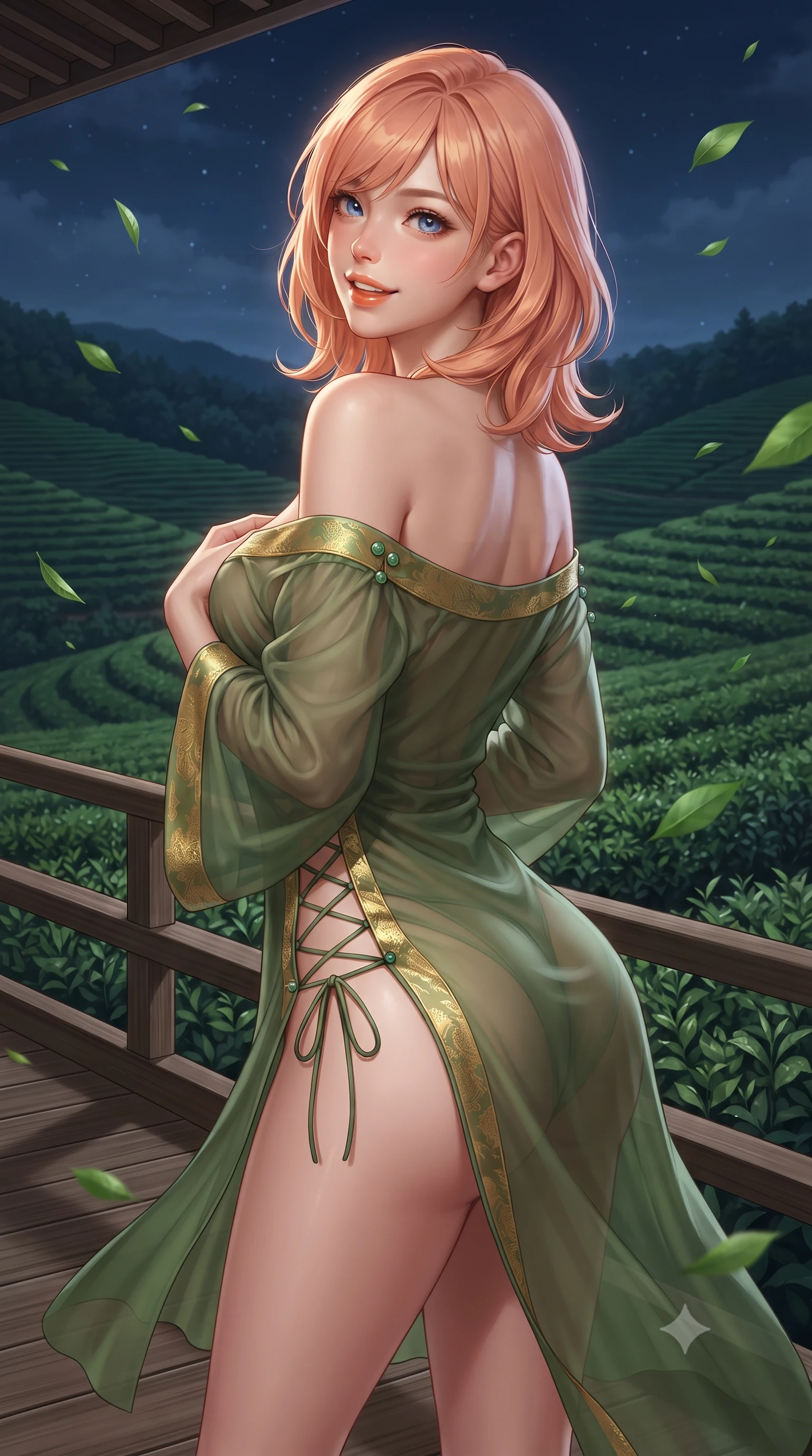 score_9, masterpiece, best quality, ultra-detailed, high-budget anime keyframe, editorial fashion photography, tasteful artistic composition, Japanese woman. close-up cowboy shot from the waist and thighs up, the character dominates the composition, filling the frame with her large presence. posing in an alluring rear three-quarter angle, looking over a bare shoulder with parted glossy lips, her hips cocked back to highlight her slim hourglass curve while standing poised on the wide cedar veranda overlooking endless rolling green tea terraces, arching her lower back as midnight breezes rustle tea leaves. The surrounding environment is rendered in vivid detail and crisp panoramic clarity: sharp cedar decking grain, floating emerald green tea leaves, and tea bush foliage texture in deep focus. She has an exceptionally elegant, slender, and willowy female figure with an ultra-slim waist, flat toned midriff, narrow ribcage, and sculpted feminine hips creating an alluring, slim hourglass silhouette without bulk. sharp v-shaped jawline, high-bridge nose, intricate jewel-like sparkling eyes with depth, thick eyelashes, glossy parted lips with a natural peach sheen, bright cheerful beaming smile with an enchanting and coquettish sensual glint, exuding both youthful cute charm and seductive allure, flawlessly proportioned anatomical accuracy, strict slender model proportions, natural body alignment, perfectly sculpted long slender limbs, ultra-slim waistline, clean dynamic posture without body distortion. wearing an alluring semi-sheer silk chiffon boudoir peignoir slipping off bare shoulders with delicate jade button accents in Gion antique matcha green and gilded gold leaf, made of fluid liquid jersey with seamless sculpting hold and smooth contours, featuring fine criss-cross lace-up side ties revealing tantalizing glimpses of her hip curve, the glove-like clinging cut tightly following the natural contour of her hips and long slender legs with youthful 8.5-heads elegance. illuminated by tea bath caustics bounce and sharp pearlescent-jade rim lights defining her dewy collarbones, ultra-slim waist, and curvy hips. ultra-reflective glossy finish, specular highlights, rich textural contrasts, high-contrast stereoscopic depth, volumetric dynamic lighting, 2k, ultra detail, master piece, 9:16 ratio