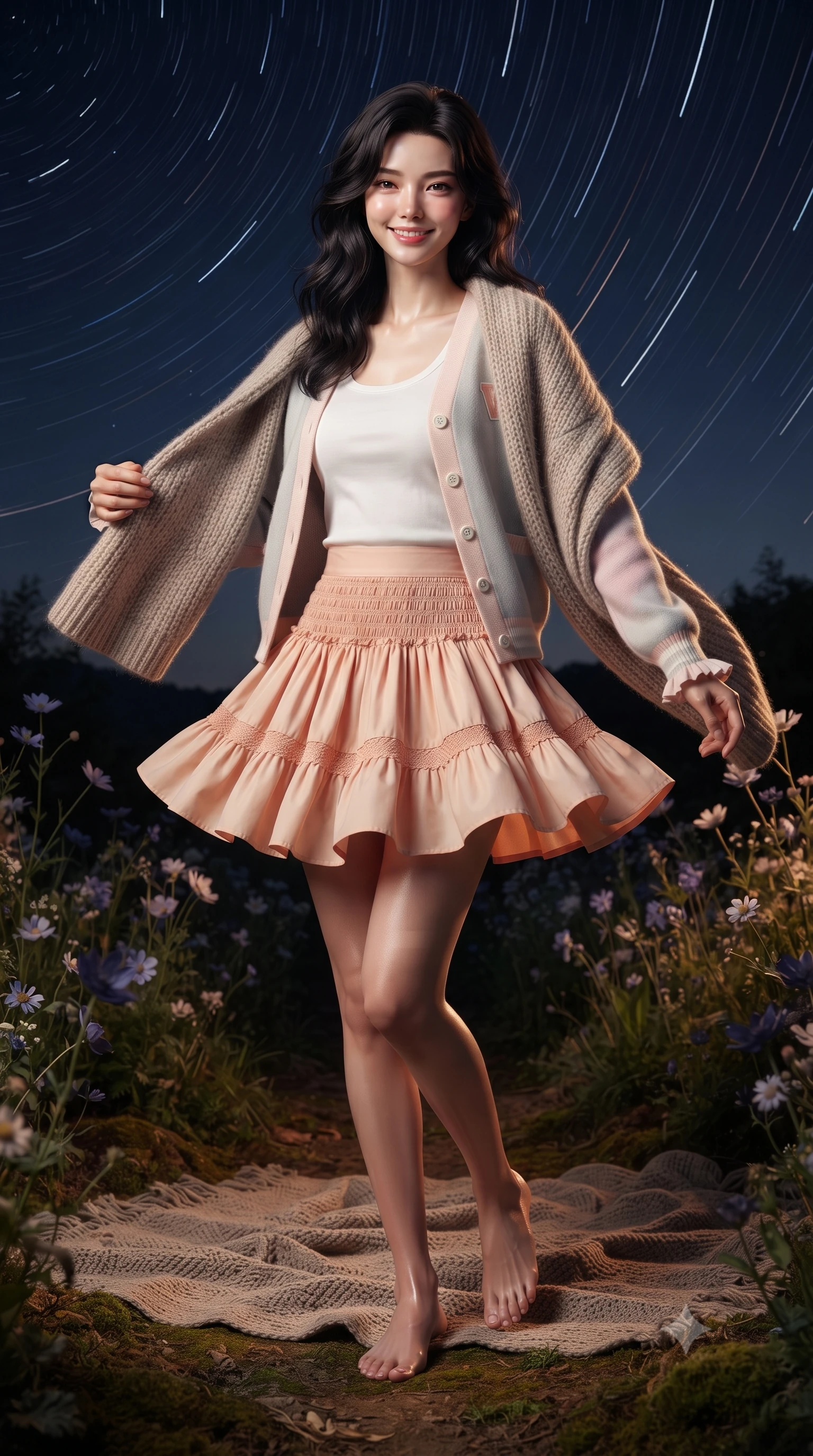 score_9, masterpiece, best quality, ultra-detailed, high-budget anime keyframe, editorial fashion photography, tasteful artistic composition, Korean woman. low angle full-body shot from head to toe showing her feet, filling the entire 9:16 vertical frame with her statuesque presence, stretching her vertical silhouette. performing a cheerful mid-motion turn with effortless poise, her skirt fluttering softly as she smiles into the camera while wrapping a cozy knitted shawl around her shoulders while looking into the camera with an intimate, lovely smile. The surrounding environment is rendered in vivid detail and crisp panoramic clarity. sharp star trails, textured wool blanket weave, and delicate wild nighttime flowers in deep focus. She has an absolutely perfect, statuesque 8.5-heads proportion, an exceptionally tall and slender model-like female figure with impossibly long slender legs, a toned flat midriff, and an ultra-slim waist. sharp v-shaped jawline, high-bridge nose, intricate jewel-like eyes with depth, thick eyelashes, glossy lips with a natural sheen, pure and lovely fresh girlhood expression, flawlessly proportioned anatomical accuracy, strict slender model proportions, natural body alignment, perfectly sculpted long slender limbs, ultra-slim waistline, clean dynamic posture without body distortion. wearing a chic pastel varsity cardigan over a simple white scoop-neck tee and a pleated mini skirt in warm peach blossom pink and champagne ivory, tailored from crisp organic cotton poplin, accented with soft smocked elastic details and ruffled cuff trims, the breezy lightweight fabric fluttering softly against her delicate collarbones, narrow waist, and feminine curves. illuminated by soft celestial starlight and lantern rim light defining her slender, elegant silhouette. ultra-reflective glossy finish, specular highlights, rich natural textures, high-contrast stereoscopic depth, volumetric dynamic lighting, 2k, ultra detail, master piece, 9:16 ratio