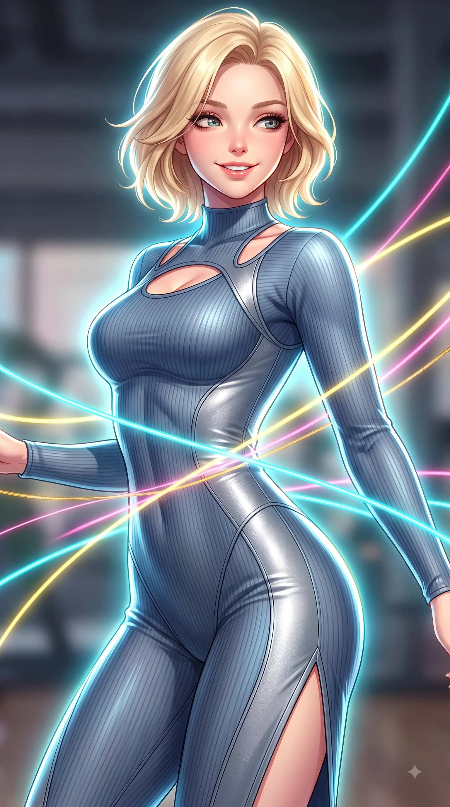 score_9, masterpiece, best quality, ultra-detailed, high-budget anime keyframe, editorial fashion photography, tasteful artistic composition, Caucasian woman. close-up cowboy shot from the waist and thighs up, the character dominates the composition, filling the frame with her large presence, background elements kept in soft focus. Warm delightful smile while casting a playful, joyful side-gaze with heavy lashes and a glowing expression while pivoting her torso in a dynamic S-curve alignment as light threads pulse with happiness, fluorescent cyan, yellow, pink, and gold light threads crossing in 3D space. She has an exceptionally elegant, slender, and willowy female figure with an ultra-slim waist, a gracefully sculpted slender torso, and a refined silhouette. sharp v-shaped jawline, high-bridge nose, intricate jewel-like eyes with depth, thick eyelashes, glossy lips with a natural sheen, flawlessly proportioned anatomical accuracy, natural body alignment, perfectly sculpted elegant limbs, clean dynamic posture without body distortion. wearing a form-fitting ribbed activewear set with elegant collar cutouts in slate blue and metallic silver, formed from sleek second-skin neoprene, finished with a sleek side slit ascending to mid-thigh, the sleek second-skin texture accentuating her magnetic presence. surrounded by a vibrant fluorescent aura with bright specular rim lights. highly saturated vibrant anime colors, detailed shading with soft gradients, rich glossy textures, high-contrast stereoscopic depth, volumetric dynamic lighting, master piece, 9:16 ratio
