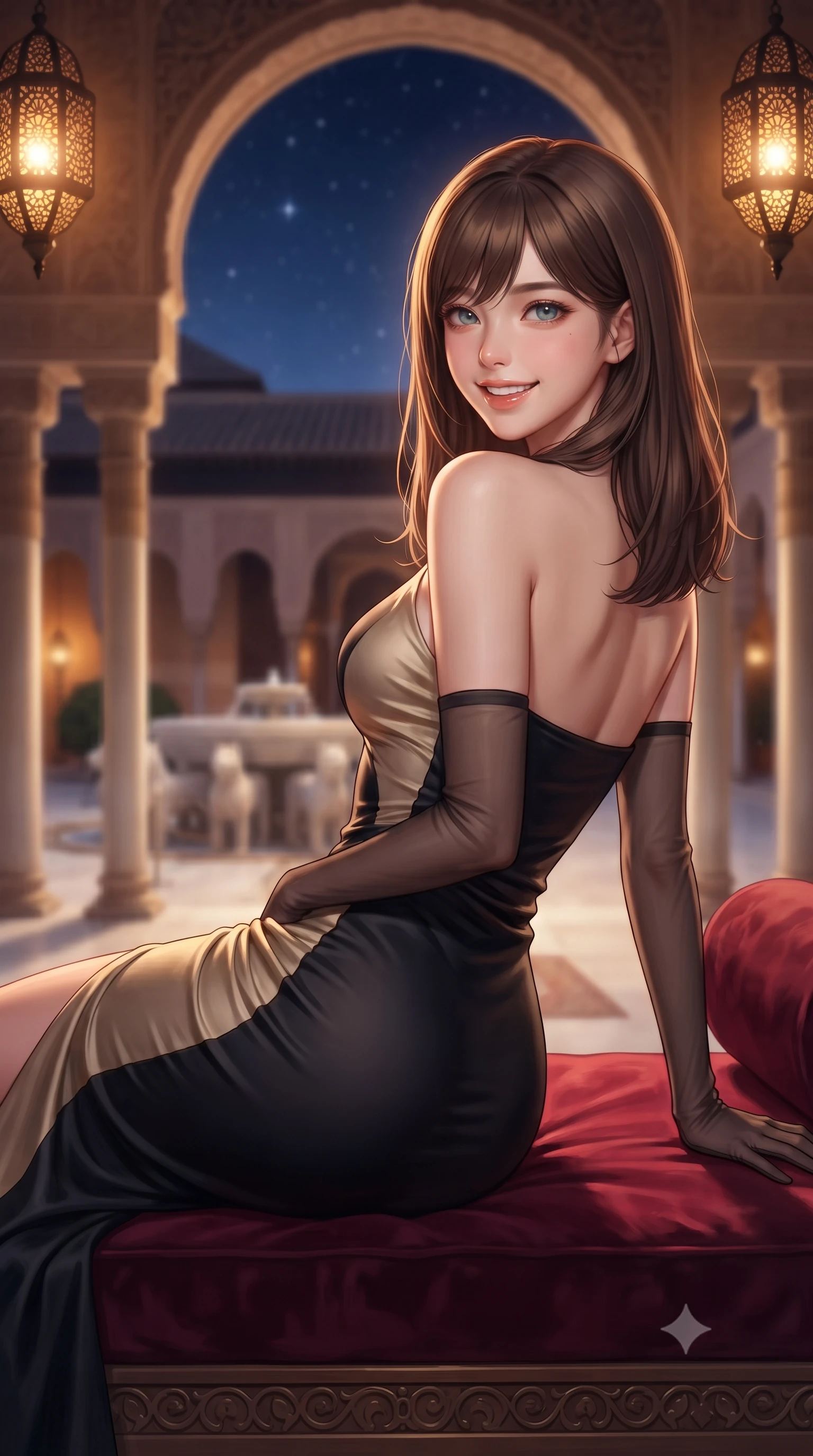 score_9, masterpiece, best quality, ultra-detailed, high-budget anime keyframe, editorial fashion photography, tasteful artistic composition, Korean woman. close-up cowboy shot from the waist and thighs up, the character dominates the composition, filling the frame with her large presence. posing in an alluring rear three-quarter angle, looking over a bare shoulder with parted glossy lips, her hips cocked back to highlight her slim hourglass curve while reclining gracefully on the low velvet divan placed beneath the arched portico propped on one elbow, displaying her long slender limbs and statuesque hourglass silhouette with regal poise. The background shows a soft-focus slender white Macael marble colonnade, bubbling lion fountain basin, and starlit Granada skies through horseshoe arches blurred into ivory, amber, and indigo bokeh. She has an exceptionally elegant, slender, and willowy female figure with an ultra-slim waist, flat toned midriff, narrow ribcage, and sculpted feminine hips creating an alluring, slim hourglass silhouette without bulk. sharp v-shaped jawline, high-bridge nose, intricate jewel-like sparkling eyes with depth, thick eyelashes, glossy parted lips with a natural peach sheen, bright cheerful beaming smile with an enchanting and coquettish sensual glint, exuding both youthful cute charm and seductive allure, flawlessly proportioned anatomical accuracy, strict slender model proportions, natural body alignment, perfectly sculpted long slender limbs, ultra-slim waistline, clean dynamic posture without body distortion. wearing a form-fitting Andalusian liquid silk jersey flamenco-draped cocktail dress clinging to her narrow waist and rounded hips in deep midnight obsidian black and champagne gold, crafted from fluid liquid silk satin that clings smoothly to her narrow waist and rounded hips with a dewy sheen, complemented by sheer opera-length evening gloves tracing her slender arms, the bespoke structured tailoring following the natural line of her 8.5-heads silhouette with refined elegance. bathed in the warm radiant 2600K amber illumination of antique pierced brass lanterns dimmed to an intimate evening glow. ultra-reflective glossy finish, specular highlights, rich textural contrasts, high-contrast stereoscopic depth, volumetric dynamic lighting, 2k, ultra detail, master piece, 9:16 ratio