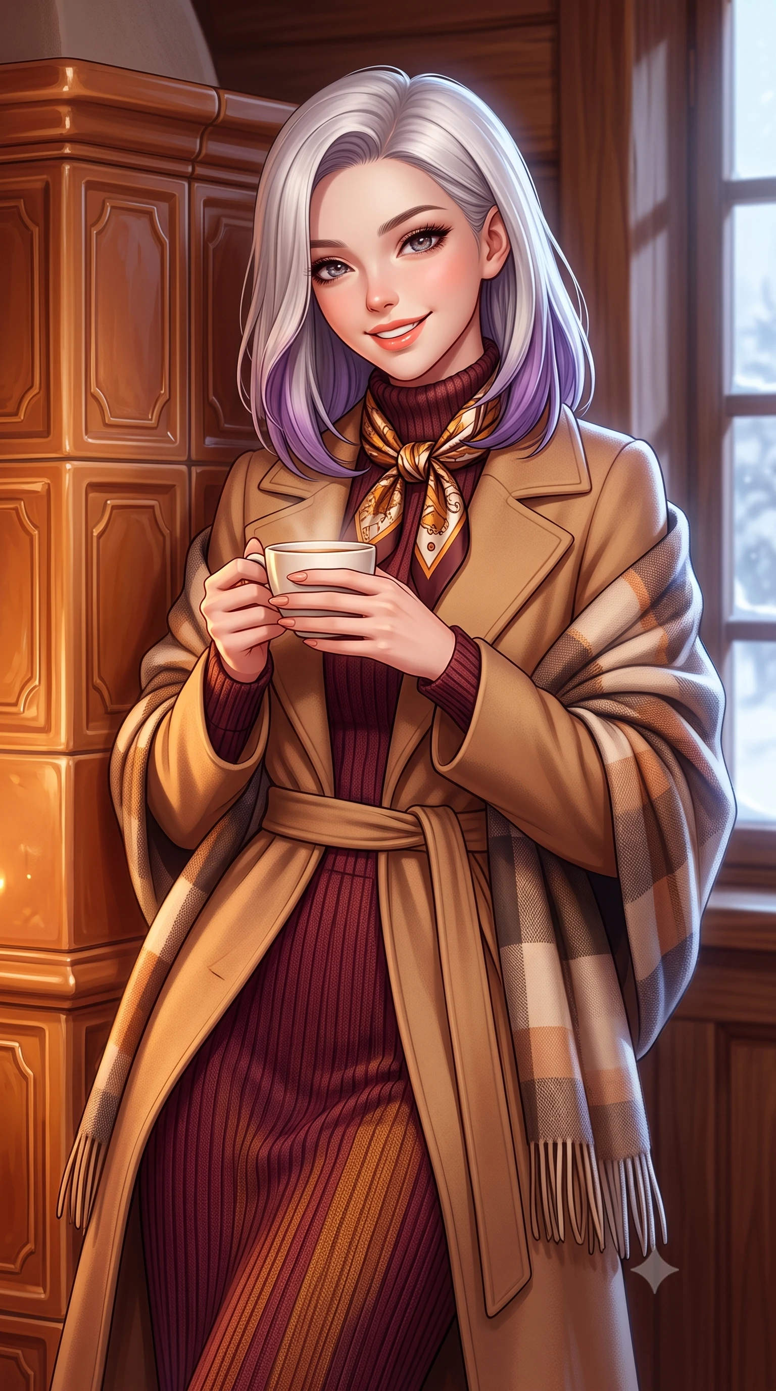 score_9, masterpiece, best quality, ultra-detailed, high-budget anime keyframe, semi-realistic 3D game render, editorial fashion photography, tasteful artistic composition, Caucasian woman. close-up cowboy shot from the waist and thighs up, the character dominates the composition, filling the frame with her large presence. holding a warm porcelain cup in both hands while tilting her head with an enchanting, beaming smile while leaning against the warm ceramic tiles of the traditional Kachelofen stove, wrapped in a luxurious blanket scarf with cozy contented grace. The surrounding environment is rendered in vivid detail and crisp panoramic clarity: detailed roll-neck cashmere sweater weave, tailored corduroy trouser ribs, and master alpine joinery in high resolution. She has an exceptionally elegant, slender, and willowy female figure with an ultra-slim waist, flat toned midriff, narrow ribcage, and sculpted feminine hips creating an alluring, slim hourglass silhouette without bulk. sharp v-shaped jawline, high-bridge nose, intricate jewel-like sparkling eyes with depth, thick eyelashes, glossy parted lips with a natural peach sheen, bright cheerful beaming smile with an enchanting and coquettish sensual glint, exuding both youthful cute charm and seductive allure, flawlessly proportioned anatomical accuracy, strict slender model proportions, natural body alignment, perfectly sculpted long slender limbs, ultra-slim waistline, clean dynamic posture without body distortion. wearing a tailored belted cashmere wrap coat in warm camel layered over a fine ribbed knit midi dress in rich Oxford burgundy and golden amber, tailored from heritage British Harris Tweed with rich multi-tonal yarn weave, finished with a printed silk twilly scarf knotted gracefully around her neck, the streamlined silhouette following her natural slender proportions with sophisticated poise, enhancing her tall willowy presence. bathed in cozy 2700K warm ambient candlelight and soft porcelain stove radiance combined with cool winter window light. highly saturated vibrant anime colors, detailed shading with soft gradients, rich glossy textures, high-contrast stereoscopic depth, volumetric dynamic lighting, master piece, 9:16 ratio