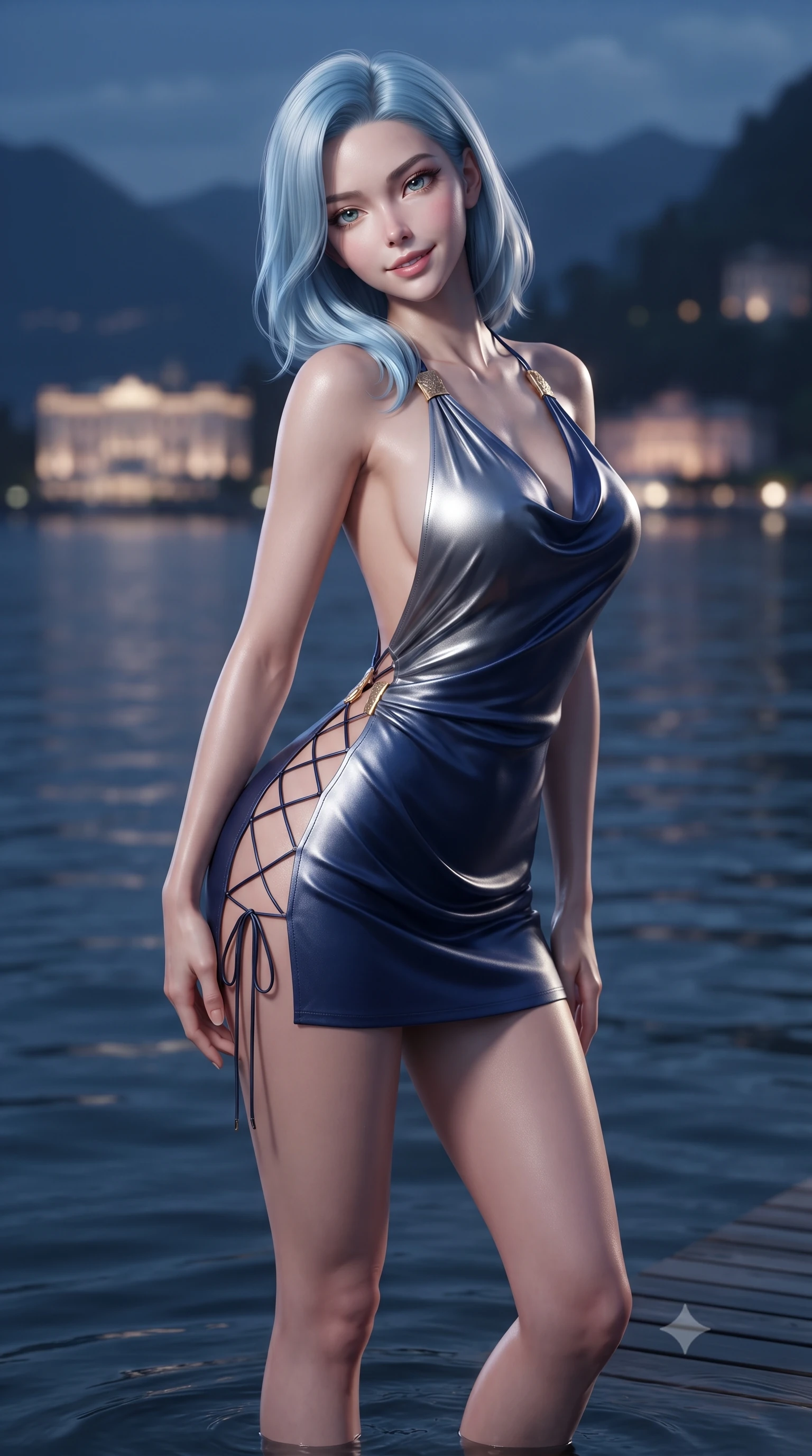 score_9, masterpiece, best quality, ultra-detailed, high-budget anime keyframe, editorial fashion photography, tasteful artistic composition, Korean woman. close-up cowboy shot from the waist and thighs up, the character dominates the composition, filling the frame with her large presence. tilting her head with a teasing half-smile, running one hand slowly down the side of her hip in a flirtatious S-curve as ambient light caresses her silhouette while standing on the submerged black teak deck with calm lake water lapping around her ankles, arching her back with sovereign lakefront glamour. The background shows a soft-focus the dark tranquil expanse of Lake Como, distant Belle Époque illuminated grand hotels, and mountain silhouettes blurred into navy, rose-gold, and silver bokeh. She has an exceptionally elegant, slender, and willowy female figure with an ultra-slim waist, flat toned midriff, narrow ribcage, and sculpted feminine hips creating an alluring, slim hourglass silhouette without bulk. sharp v-shaped jawline, high-bridge nose, sparkling eyes with hypnotic seductive depth, thick curled eyelashes, glossy parted lips with a natural dewy peach sheen, alluring bedroom-eyes with an enchanting coquettish smile, exuding magnetic siren charisma and sophisticated glamour, flawlessly proportioned anatomical accuracy, strict slender model proportions, natural body alignment, perfectly sculpted long slender limbs, ultra-slim waistline, clean dynamic posture without body distortion. wearing a draped Greek-goddess style silk chiffon mini toga dress with an open back and golden hip fibula in molten liquid silver and deep sapphire navy, woven from buttery-soft stretch lambskin leather adhering to her body like a second skin, featuring fine criss-cross lace-up side ties revealing tantalizing glimpses of her hip curve, the second-skin tailored fabric adhering flawlessly to her sculpted flat midriff and slender torso, emphasizing her long leg lines and perfectly proportioned willowy build. bathed in cool moonlight reflecting from the lake surface mixed with warm recessed terrace lighting. ultra-reflective glossy finish, specular highlights, rich textural contrasts, high-contrast stereoscopic depth, volumetric dynamic lighting, 2k, ultra detail, master piece, 9:16 ratio