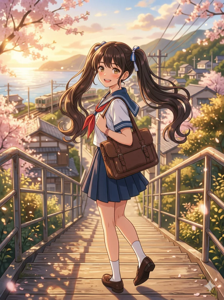 (masterpiece:1.2), best quality, anime movie aesthetic, (1girl:1.3), beautiful girl with twin tails, sailor uniform, soft cel-shading, (dreamy sunlight:1.2), cinematic composition, 2k, ultra detail, 3:4 ratio