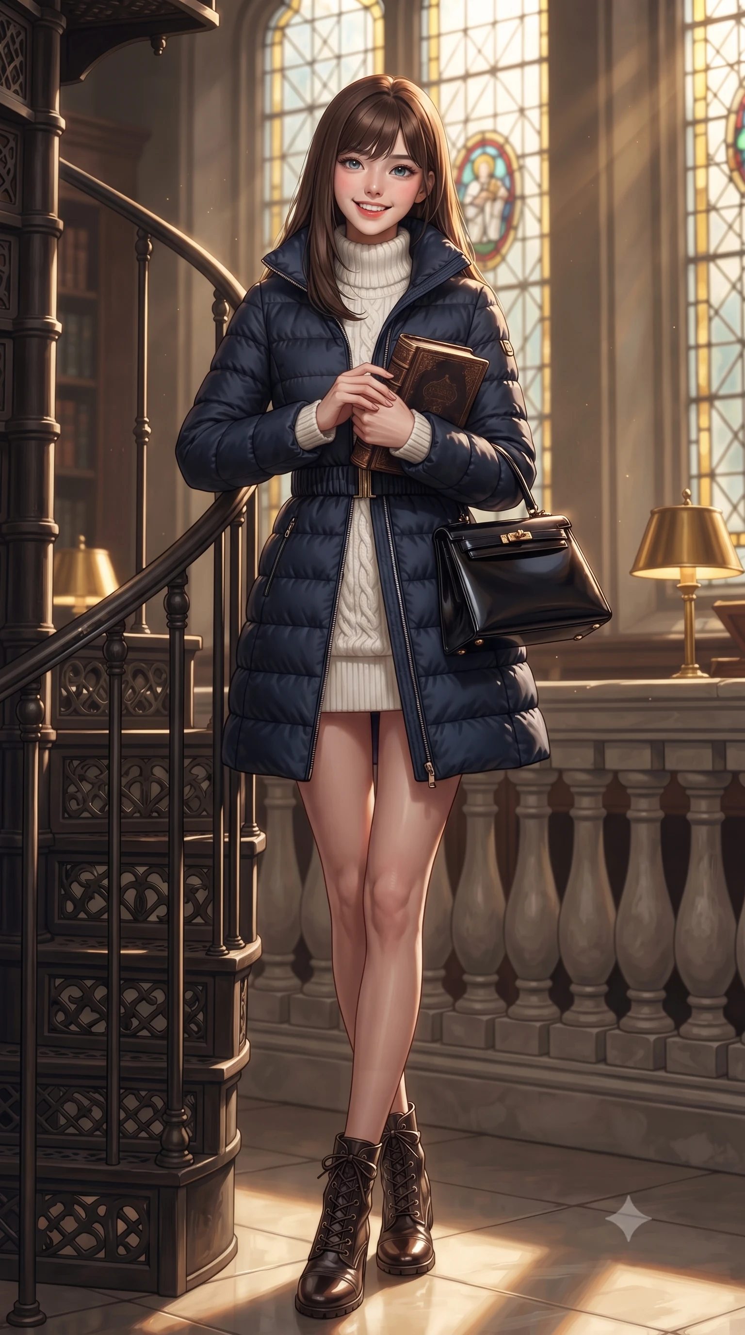 score_9, masterpiece, best quality, ultra-detailed, high-budget anime keyframe, editorial fashion photography, tasteful artistic composition, Korean woman. low angle full-body shot from head to toe showing her feet, filling the entire 9:16 vertical frame with her statuesque presence, stretching her vertical silhouette. standing poised beside the classical stone balustrade with one foot slightly forward, hands folded loosely before her with regal grace while leaning poised against the spiral iron library stairs, holding an antique volume to her chest with refined scholar charm. The background shows a soft-focus tall leaded stained glass windows softened in contemplative academic grandeur shallow focus. She has an exceptionally tall and slender model-like 8.5-heads proportion, an ultra-slim waist, a flat toned midriff, narrow delicate ribcage, and beautifully sculpted feminine hips creating a graceful, slim hourglass silhouette without any bulky heaviness, with impossibly long slender legs. sharp v-shaped jawline, high-bridge nose, intricate jewel-like sparkling eyes with depth, thick eyelashes, glossy parted lips with a natural peach sheen, bright cheerful beaming smile with an enchanting and coquettish sensual glint, exuding both youthful cute charm and seductive allure, flawlessly proportioned anatomical accuracy, strict slender model proportions, natural body alignment, perfectly sculpted long slender limbs, ultra-slim waistline, clean dynamic posture without body distortion. wearing a tailored quilted down coat with a cinched elastic belt and high funnel neck over thermal knit layers in French navy blue and crisp alabaster white, tailored from heritage British Harris Tweed with rich multi-tonal yarn weave, finished with a structured leather top-handle mini bag resting gracefully at her side, the precision-cut high-waisted tailoring accentuating her ultra-slim waist and long slender leg line with immaculate aristocratic poise. bathed in luminous golden afternoon sunlight slanting through tall gothic lancet windows mixed with warm brass desk lamp glows. ultra-reflective glossy finish, specular highlights, rich textural contrasts, high-contrast stereoscopic depth, volumetric dynamic lighting, 2k, ultra detail, master piece, 9:16 ratio