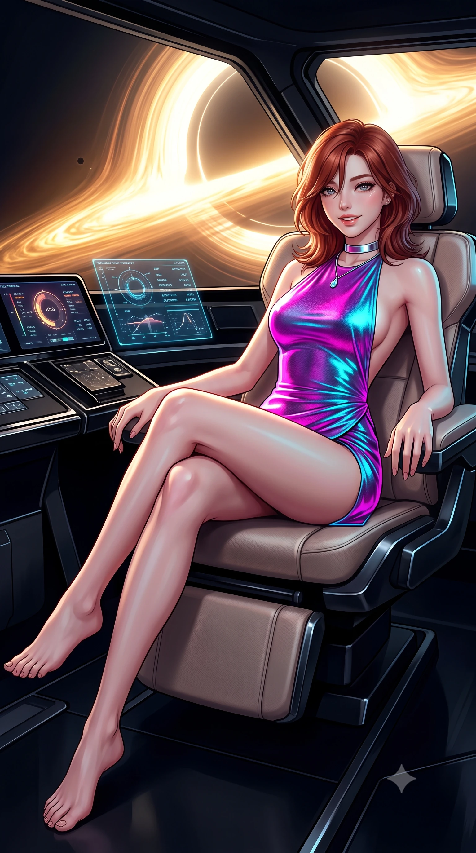score_9, masterpiece, best quality, ultra-detailed, high-budget anime keyframe, editorial fashion photography, tasteful artistic composition, Korean woman. low angle full-body shot from head to toe showing her feet, filling the entire 9:16 vertical frame with her statuesque presence, stretching her vertical silhouette. reclining gracefully across the plush chaise lounge with one leg extended, her sculpted silhouette and flat midriff radiating magnetic nocturnal glamour while sitting gracefully on the ergonomic captain chair with legs crossed, flashing an enchanting smile with parted glossy lips as light bends around her. The surrounding environment is rendered in vivid detail and crisp panoramic clarity: sharp black chrome console edges, relativistic light ring fringes, and holographic flight telemetry readouts in deep focus. She has an exceptionally tall and slender model-like 8.5-heads proportion, an ultra-slim waist, a flat toned midriff, narrow delicate ribcage, and beautifully sculpted feminine hips creating a graceful, slim hourglass silhouette without any bulky heaviness, with impossibly long slender legs. sharp v-shaped jawline, high-bridge nose, intricate jewel-like sparkling eyes with depth, thick eyelashes, glossy parted lips with a natural peach sheen, bright cheerful beaming smile with an enchanting and coquettish sensual glint, exuding both youthful cute charm and seductive allure, flawlessly proportioned anatomical accuracy, strict slender model proportions, natural body alignment, perfectly sculpted long slender limbs, ultra-slim waistline, clean dynamic posture without body distortion. wearing an alluring backless metallic lamé halterneck mini dress with deep scoop back down to her lower spine in Neo-Tokyo neon magenta and electric cyan, woven from buttery-soft stretch lambskin leather adhering to her body like a second skin, finished with a minimalist chrome choker and a single teardrop diamond pendant, the high-slit wrap tailoring accentuating her ultra-slim waistline and the enchanting curve of her feminine hips with alluring seductive charm. bathed in the blinding golden synchrotron radiation of the accretion disk contrasted with deep obsidian shadow gradients. ultra-reflective glossy finish, specular highlights, rich textural contrasts, high-contrast stereoscopic depth, volumetric dynamic lighting, 2k, ultra detail, master piece, 9:16 ratio